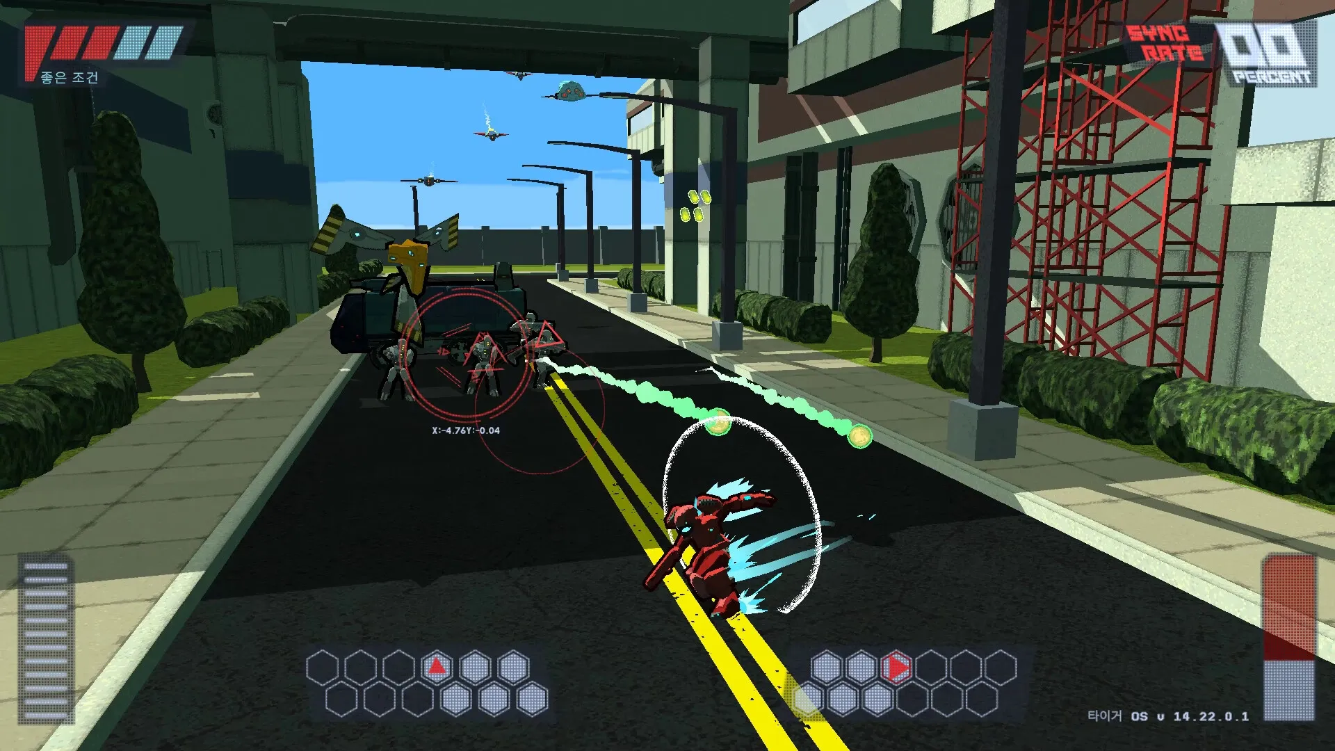 Steel Carnelian: Cass dodges enemy fire in her mech suit on a city street, UI elements displayed