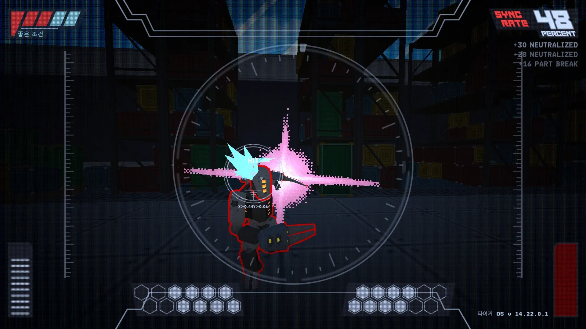 Steel Carnelian: Cass's mech targets enemy robot in warehouse with HUD showing sync rate and stats.