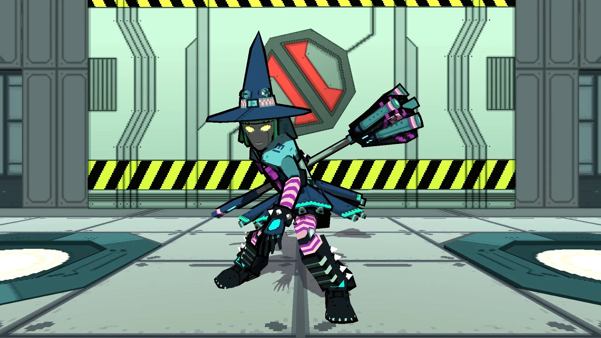 Steel Carnelian: Cass in a mech suit crouches in a futuristic hangar with striped hazard markings.
