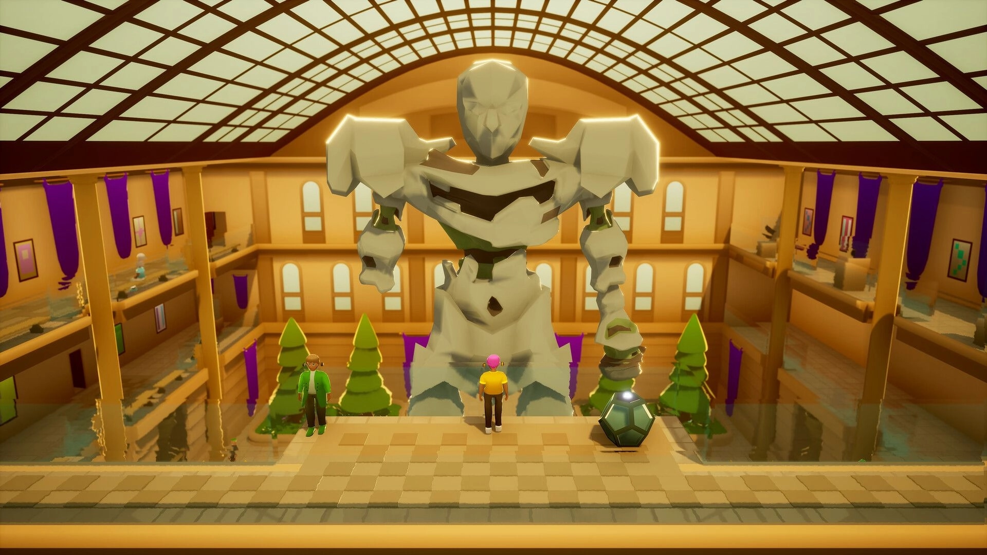 Steel Century Groove: Mecha statue in grand hall with characters and geometric decor elements visible