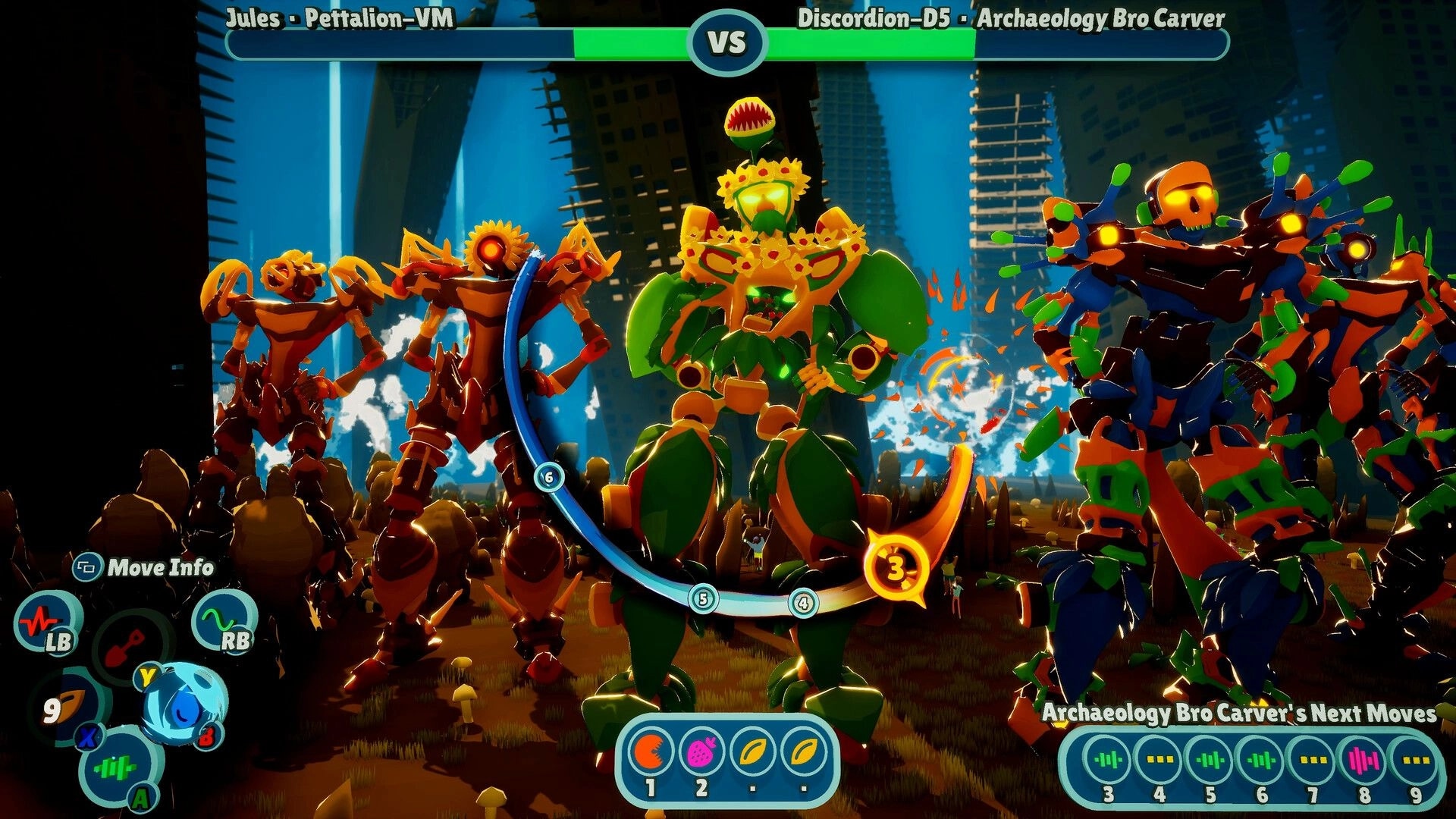 Steel Century Groove: Mecha dance battle in urban ruins with move indicators and health bars displayed