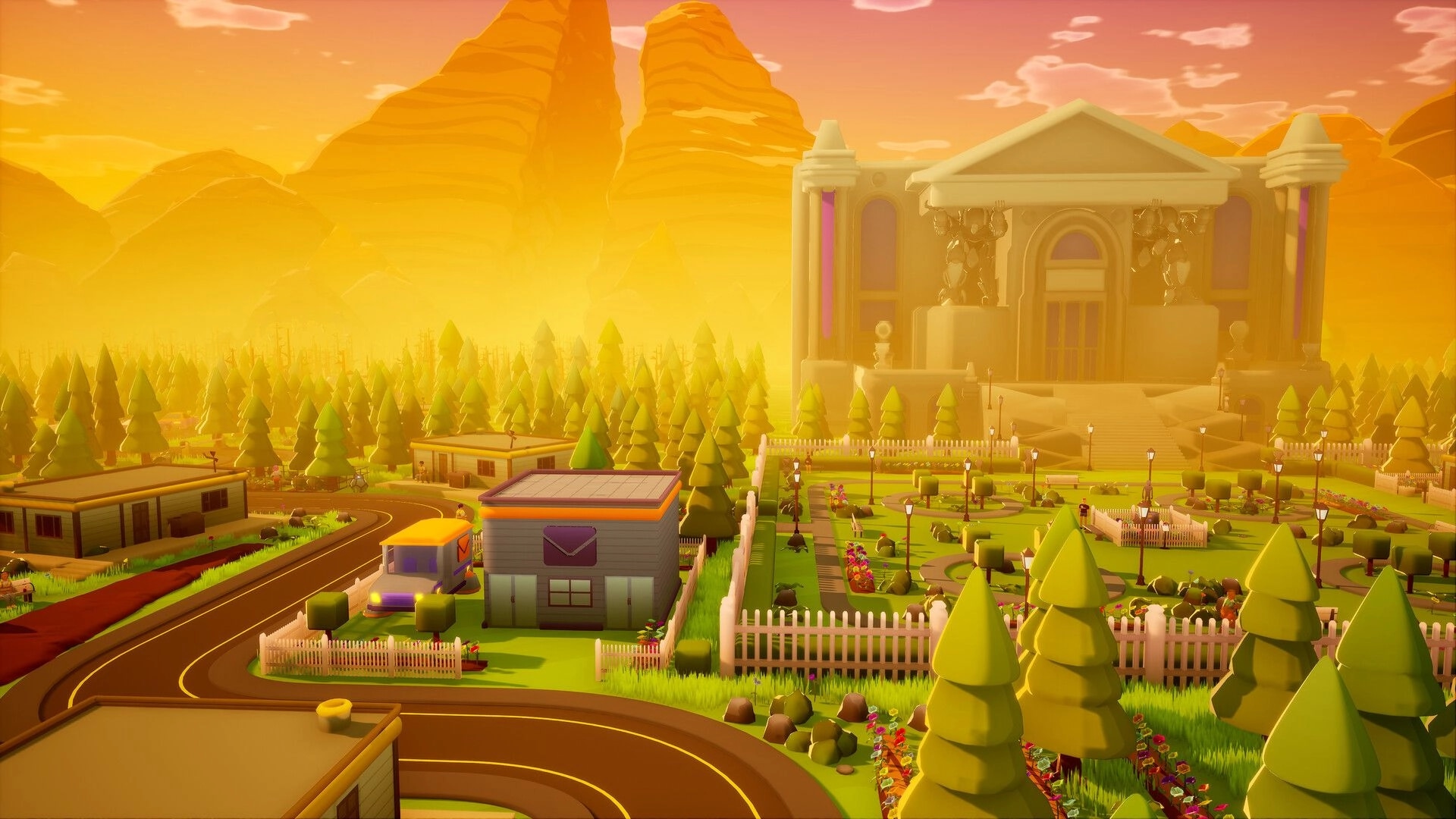 Steel Century Groove: Quaint village with winding roads, houses, and a grand building at sunset.