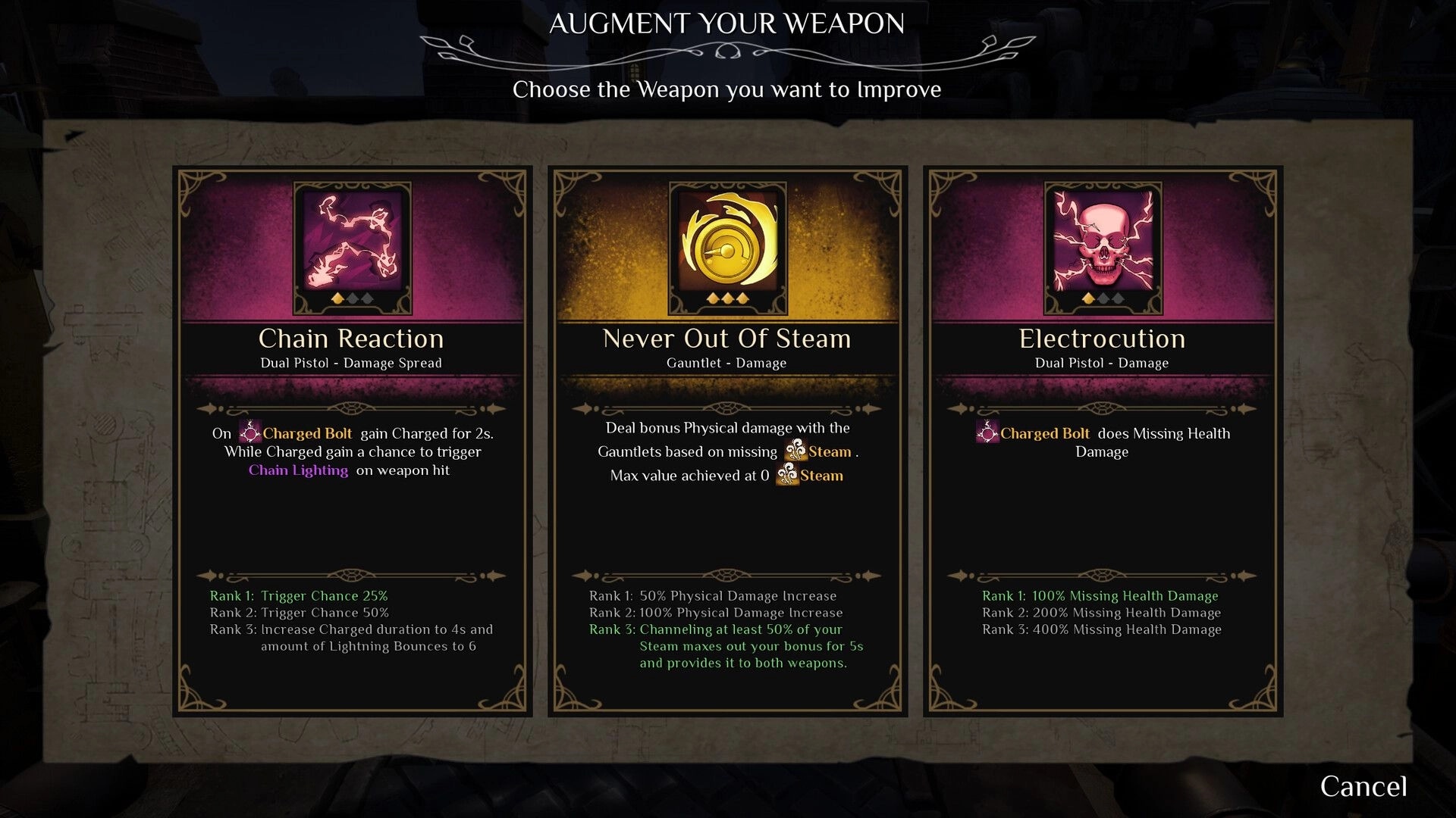 Steel Effigy: Weapon augmentation menu displaying options for Chain Reaction, Never Out Of Steam, Electrocution.