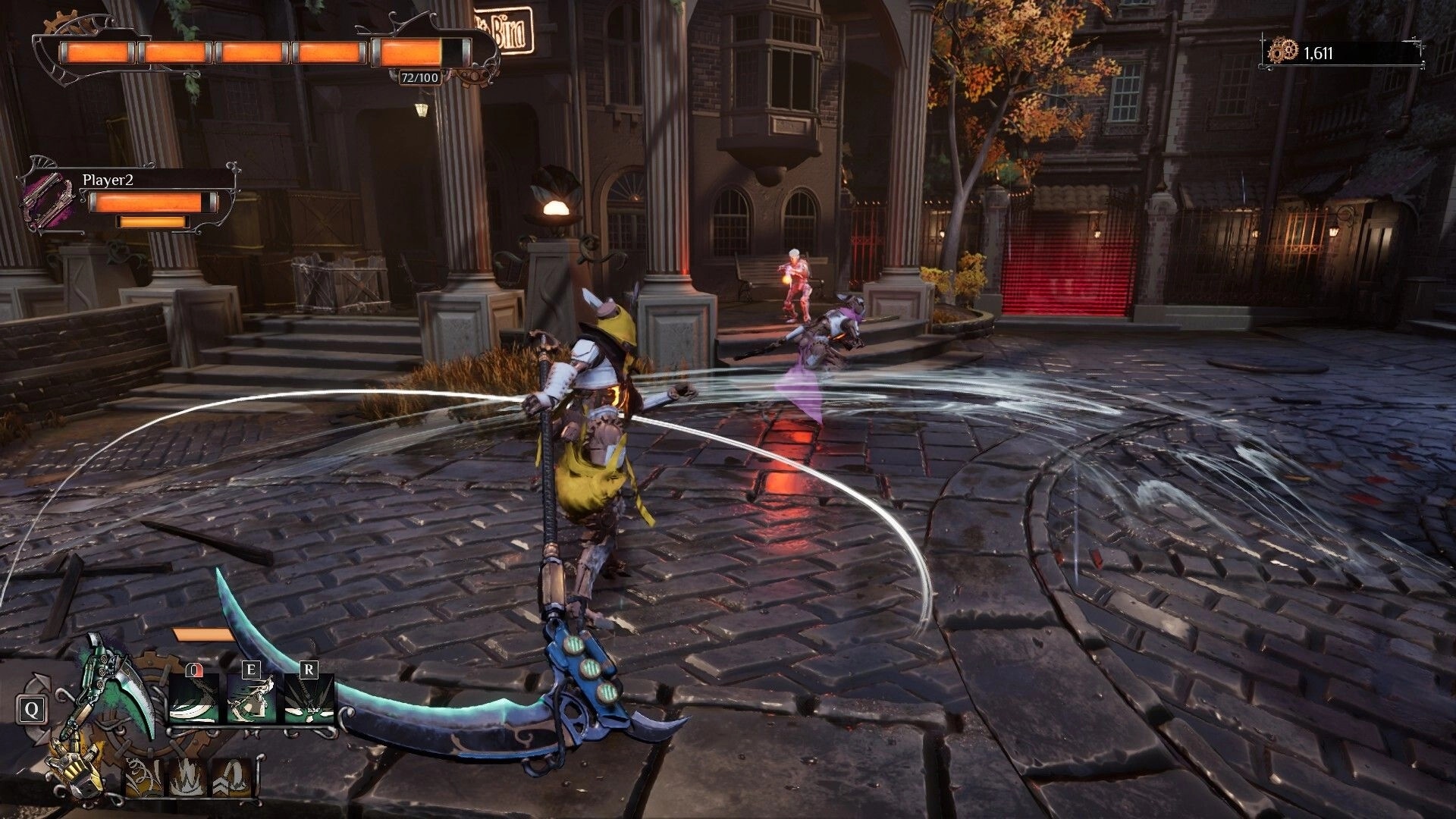 Steel Effigy: Player2 engages in combat with machines in a cobblestone courtyard, UI elements displayed