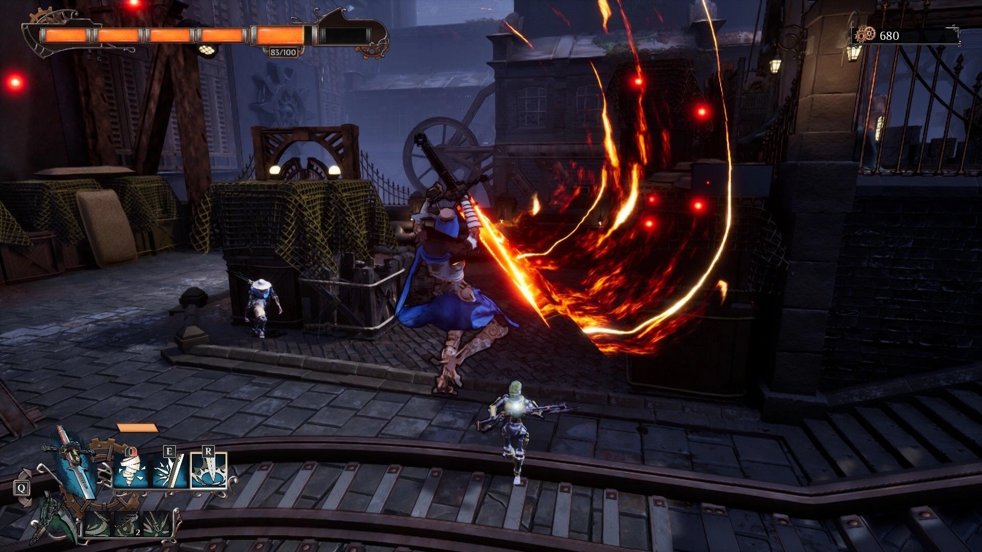 Steel Effigy: Player wielding fiery sword in a dark industrial setting with UI health and skill bars visible