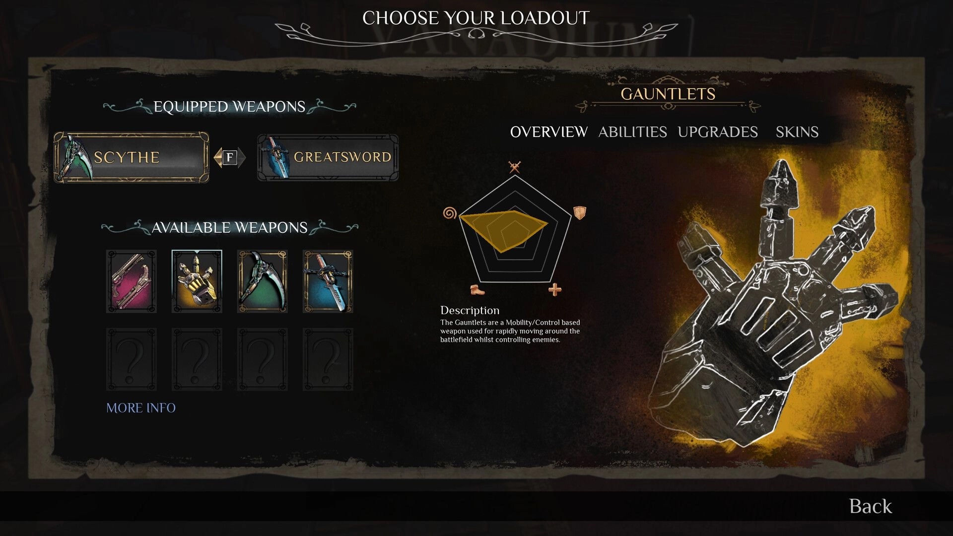 Steel Effigy: Loadout screen with equipped Scythe, Greatsword, and available weapon options displayed.