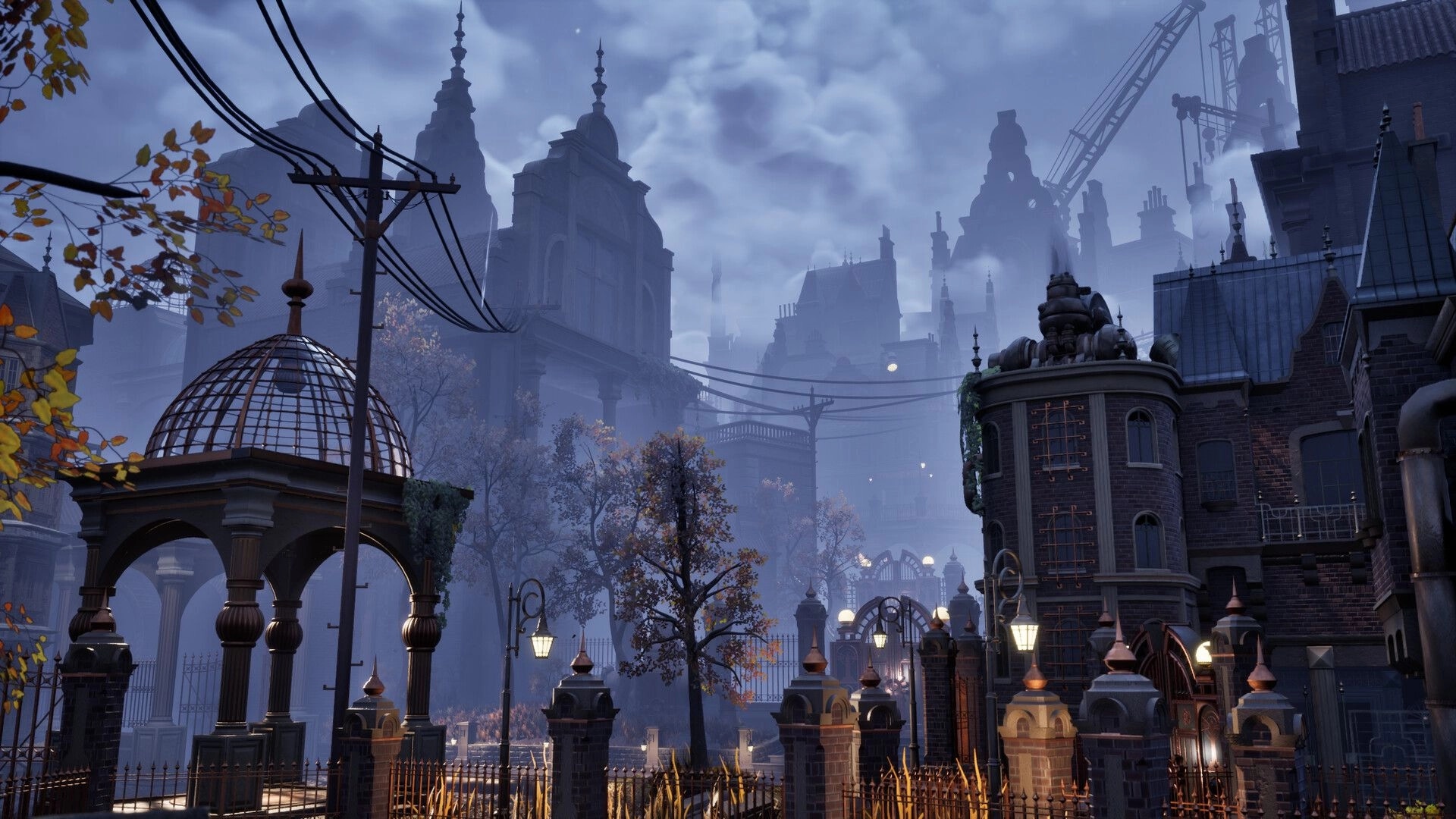 Steel Effigy: Victorian cityscape with ornate buildings under a cloudy sky, lampposts casting warm light