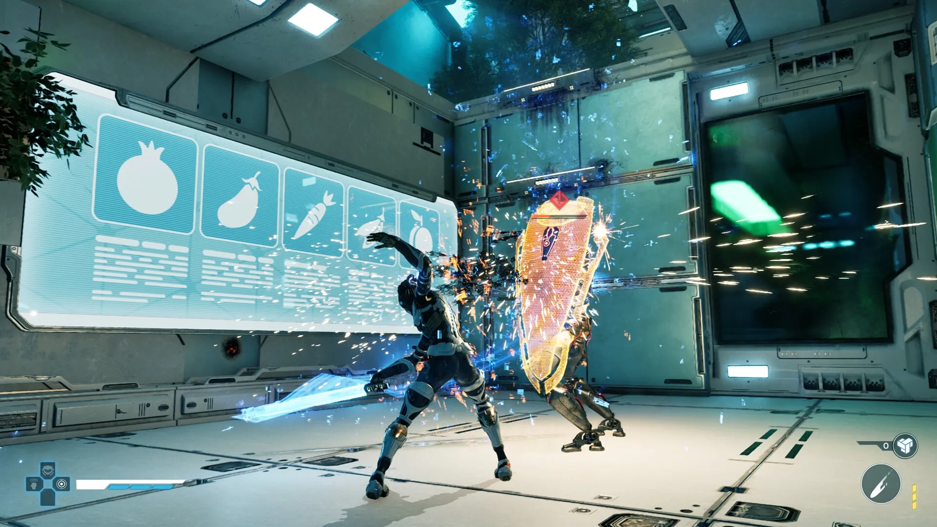 Steel Seed: Zoe battles an enemy using a glowing sword in a high-tech underground facility room.
