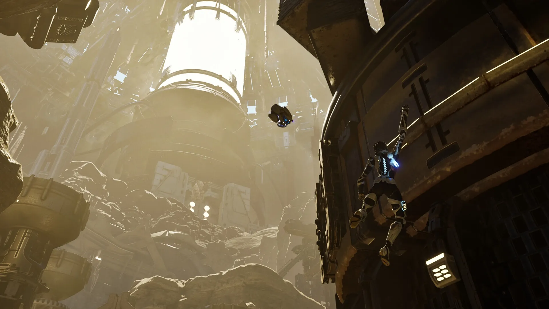 Steel Seed: Zoe scaling a massive industrial structure with drone Koby in a dimly lit underground facility