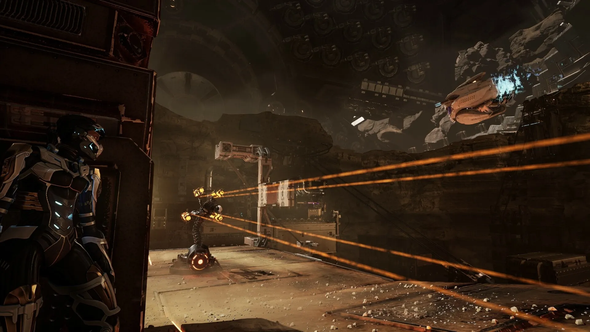 Steel Seed: Zoe hides behind cover while avoiding laser beams in a dimly lit underground facility