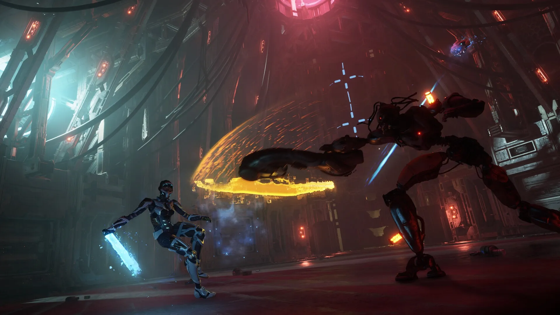 Steel Seed: Zoe battles a large robot in a dimly lit underground facility with glowing red lights.