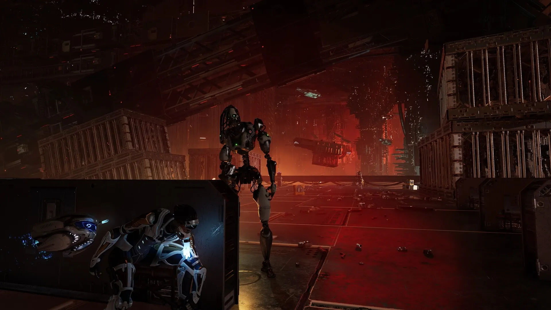 Steel Seed: Zoe and drone Koby hide behind cover in a dimly lit, industrial underground facility