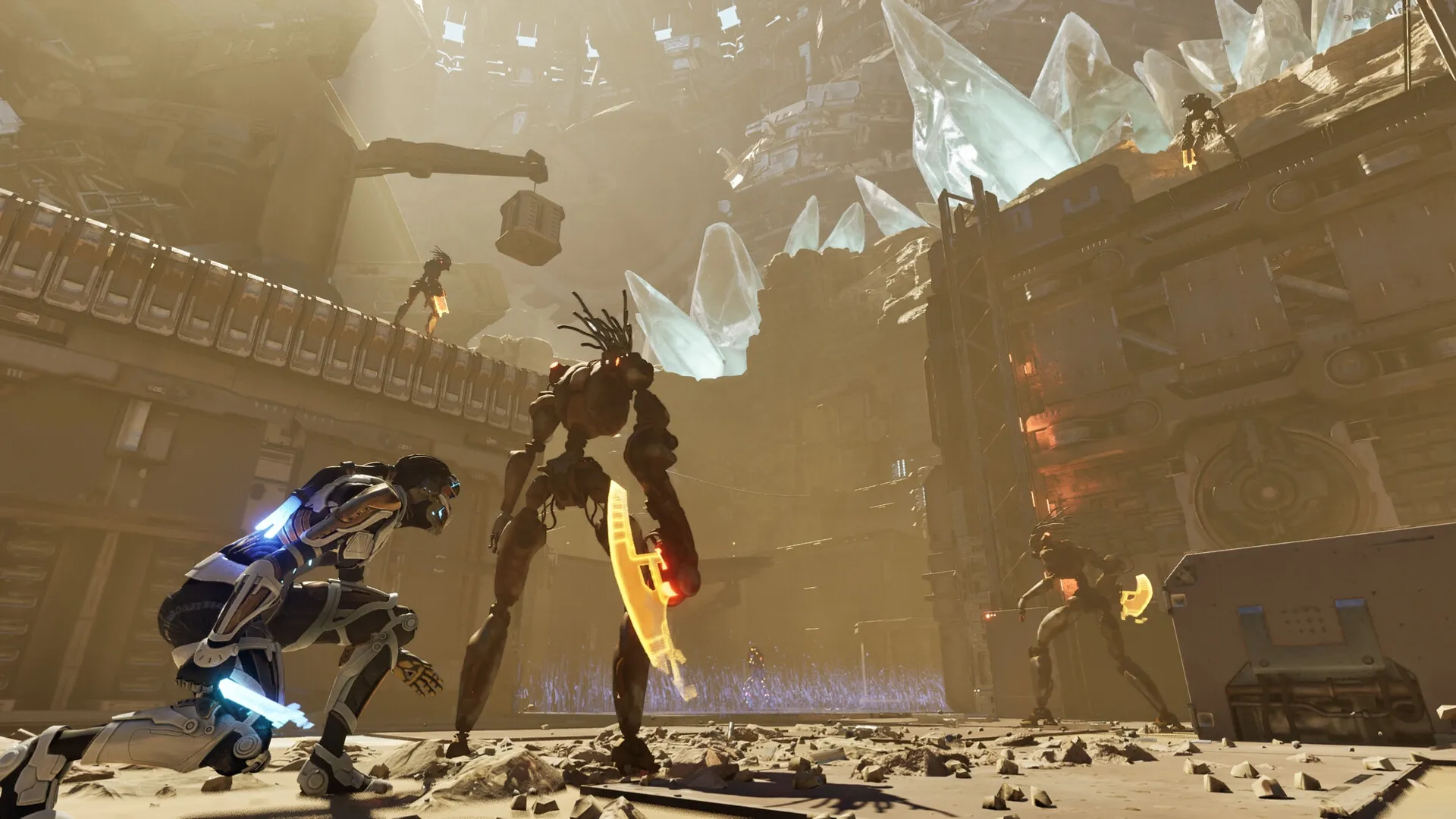 Steel Seed: Zoe crouches near robotic enemies in a vast underground facility with crystal formations