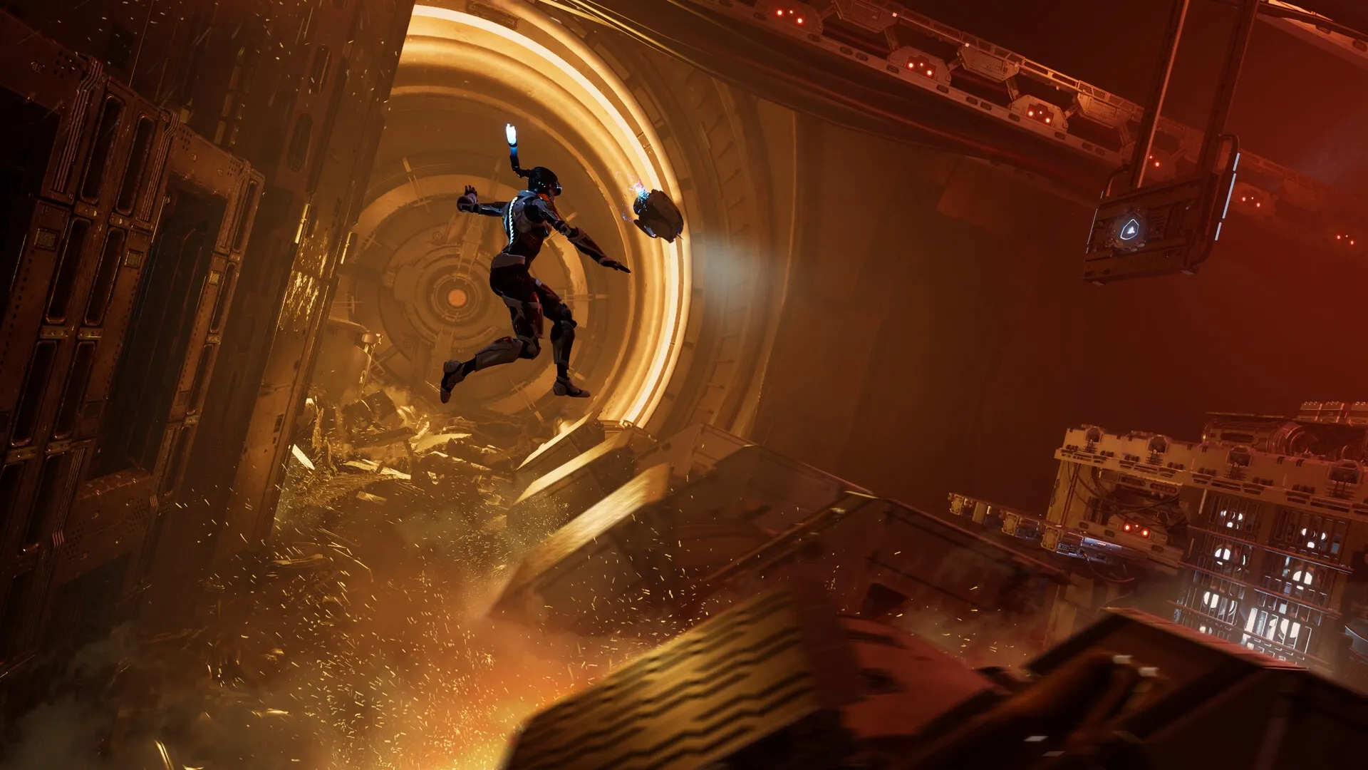 Steel Seed: Zoe and drone Koby navigate debris in a dim, industrial tunnel environment