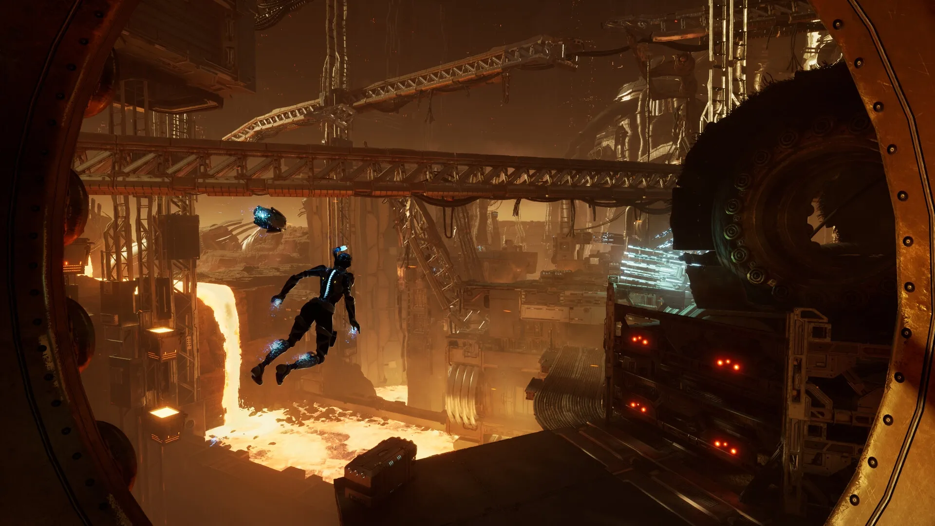 Steel Seed: Zoe and drone Koby navigate a vast, industrial underground facility with glowing lava below