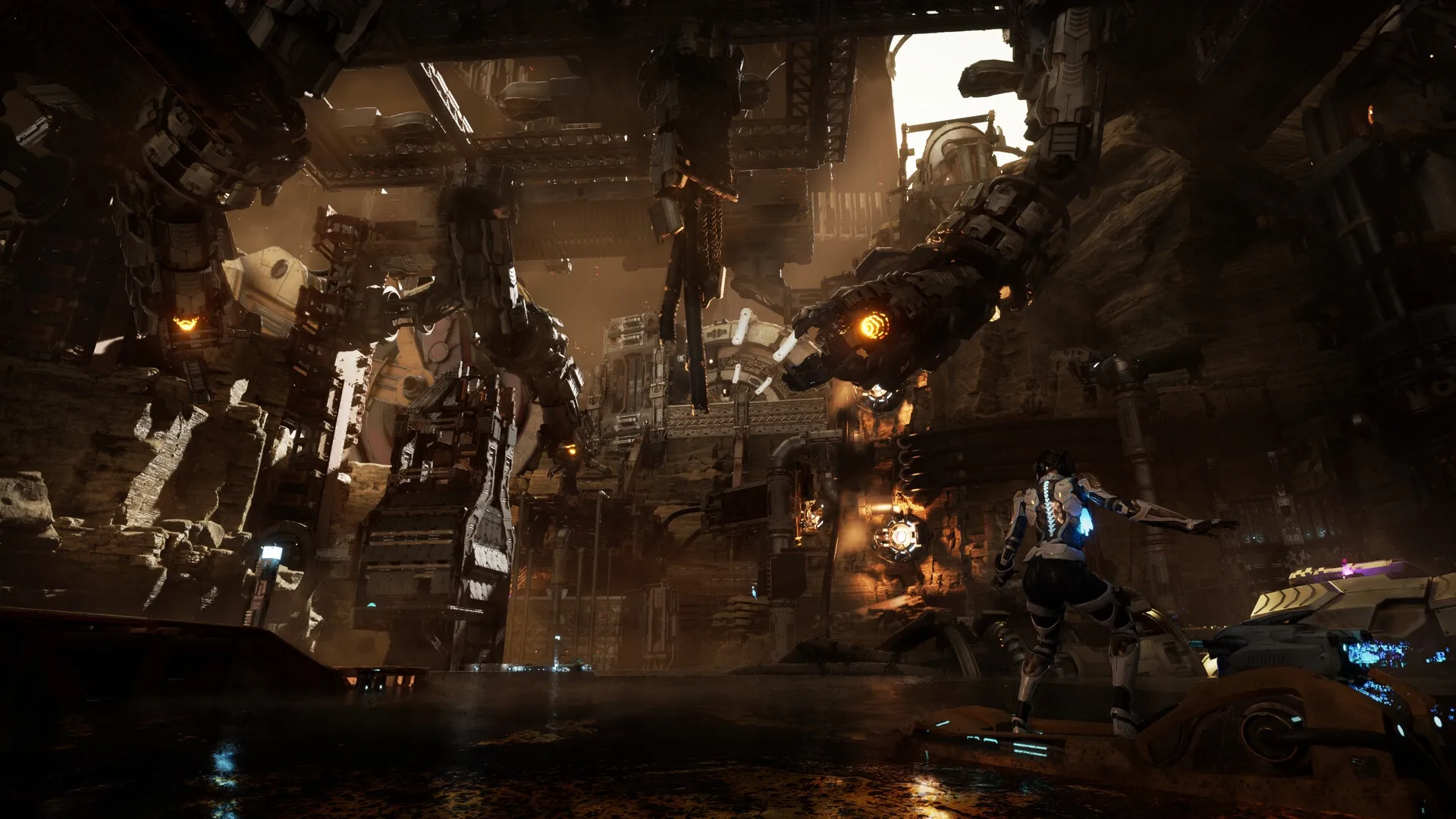 Steel Seed: Zoe explores a vast underground facility with towering machinery and glowing elements.