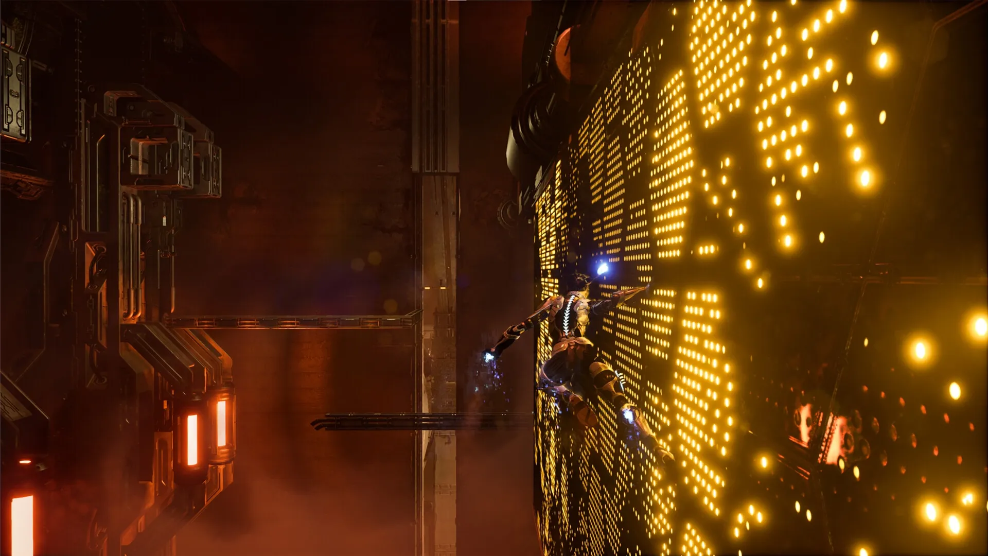 Steel Seed: Zoe climbs a glowing wall in a dark, industrial facility with robotic structures around.