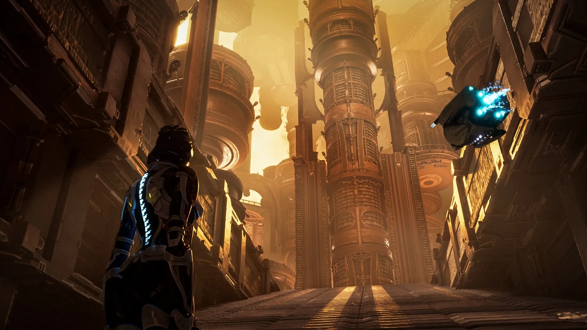 Steel Seed: Zoe and drone Koby explore a massive, futuristic underground facility with glowing structures.