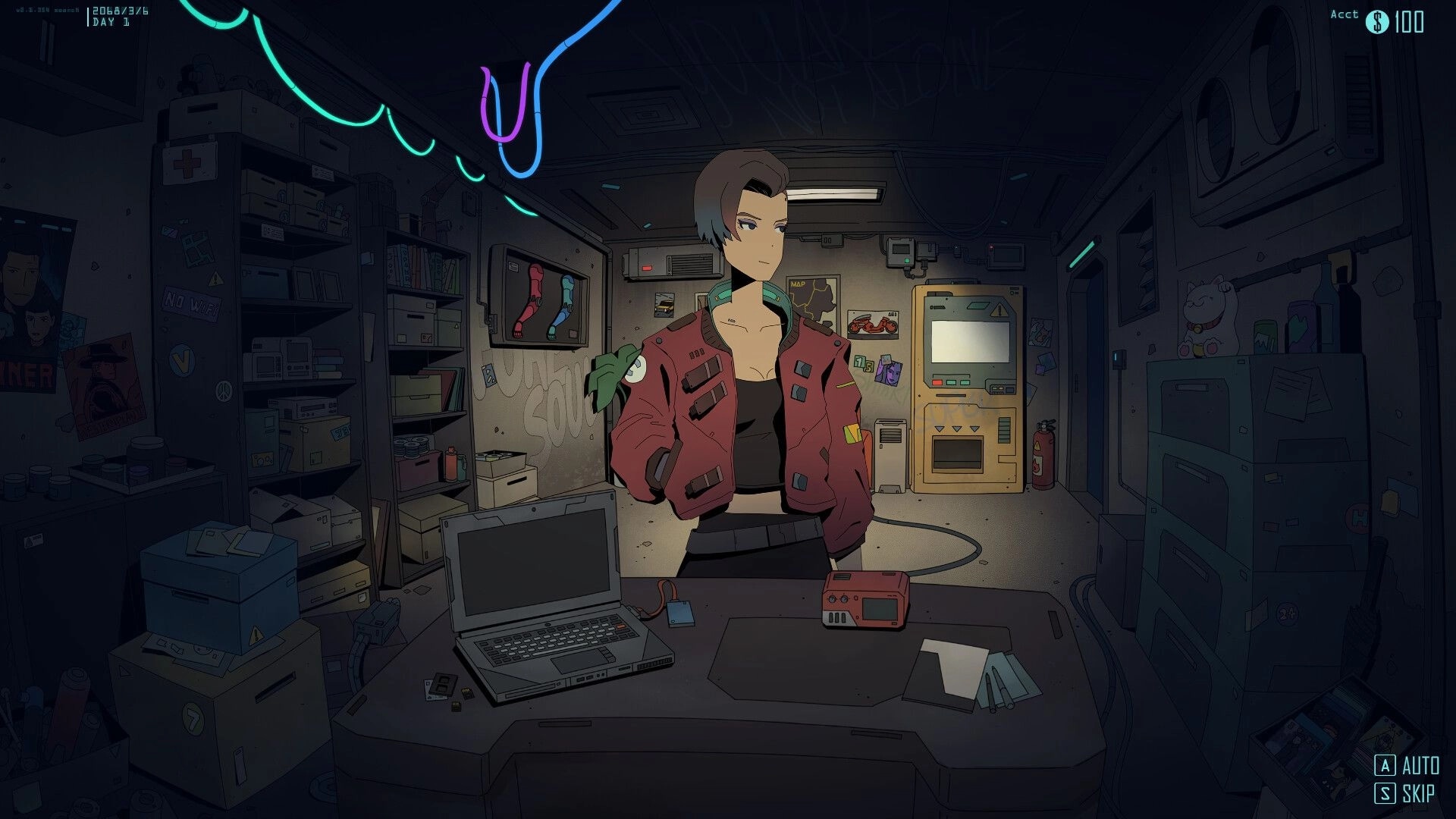 Steel Soul Shaper: Client stands at clinic counter beside laptop and tools in cluttered neon-lit room.
