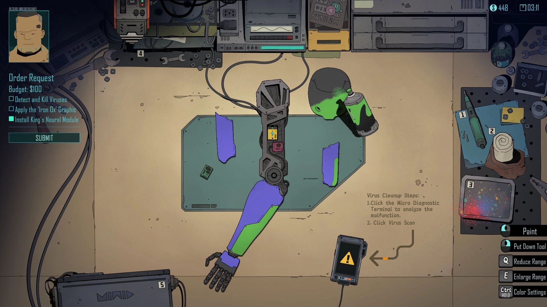 Steel Soul Shaper: Order request UI beside a cybernetic arm on workbench, paint tool selected.