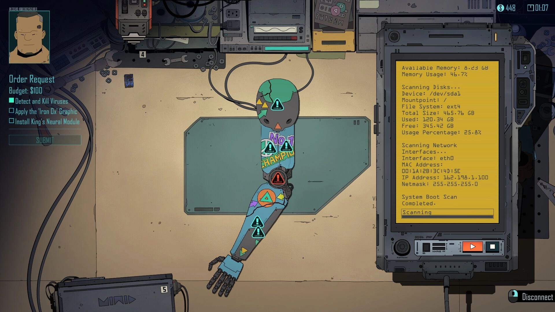Steel Soul Shaper: Cybernetic arm repair UI with virus tasks and disk scan terminal in clinic workspace.