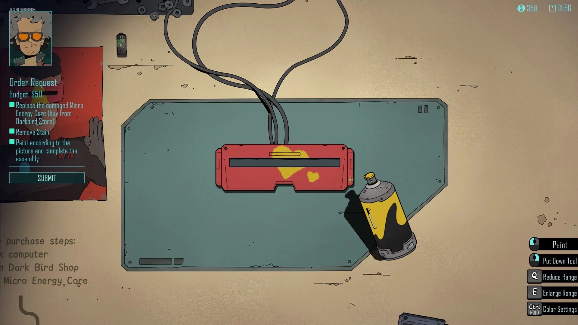 Steel Soul Shaper: Order Request UI while painting a red device on workbench with spray can tool.