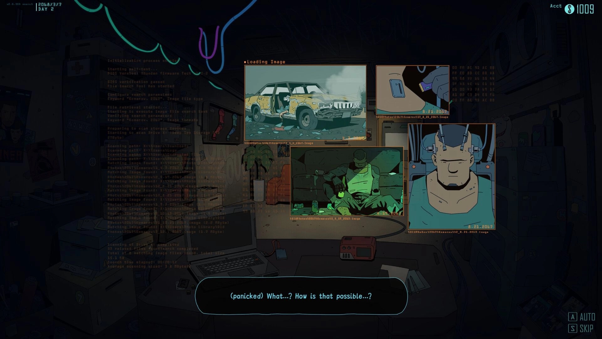 Steel Soul Shaper: Photo review UI with wrecked car and clinic patient portraits on dark terminal screen.
