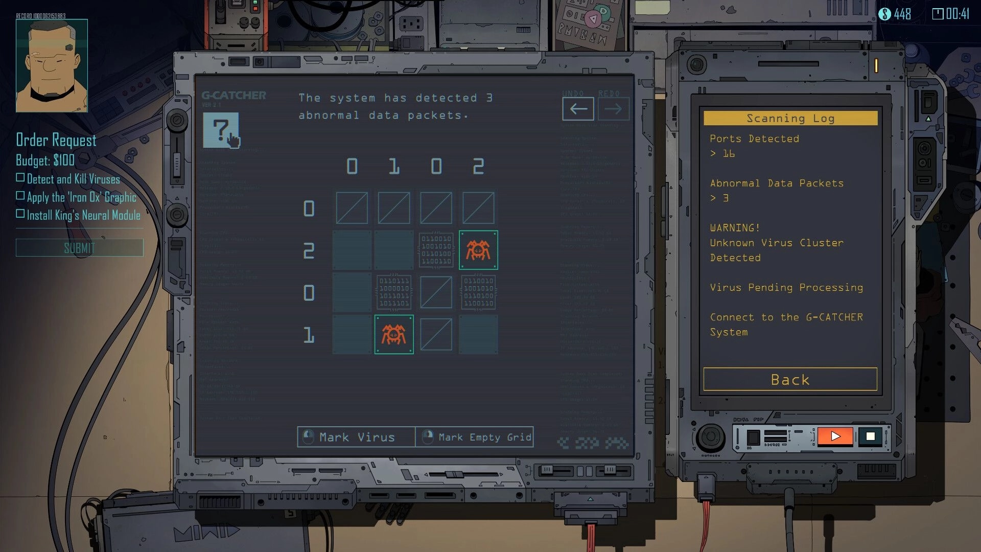 Steel Soul Shaper: G-CATCHER virus scan grid with red bugs and scanning log warning on dual monitors.