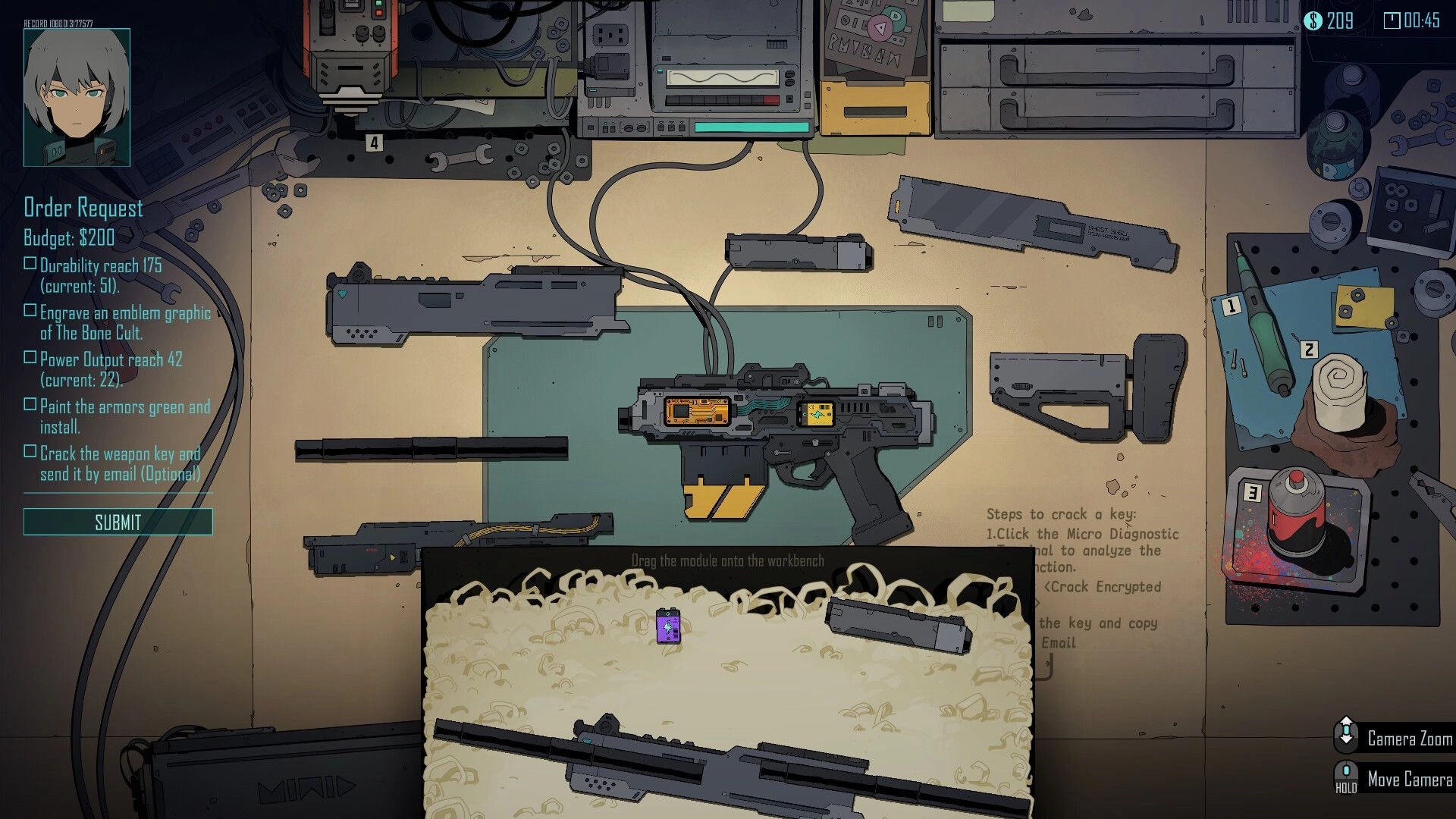 Steel Soul Shaper: Weapon modding workbench UI with order request checklist and disassembled rifle parts.