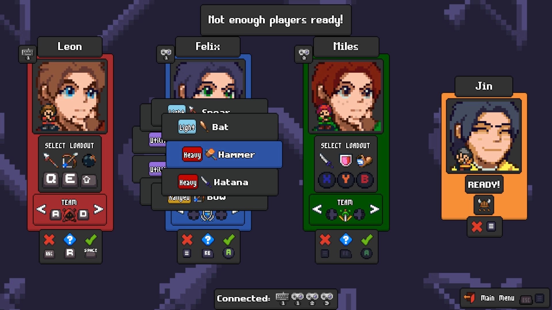 Steelbreakers: Character loadout selection with Leon, Felix, Miles, and Jin in multiplayer lobby