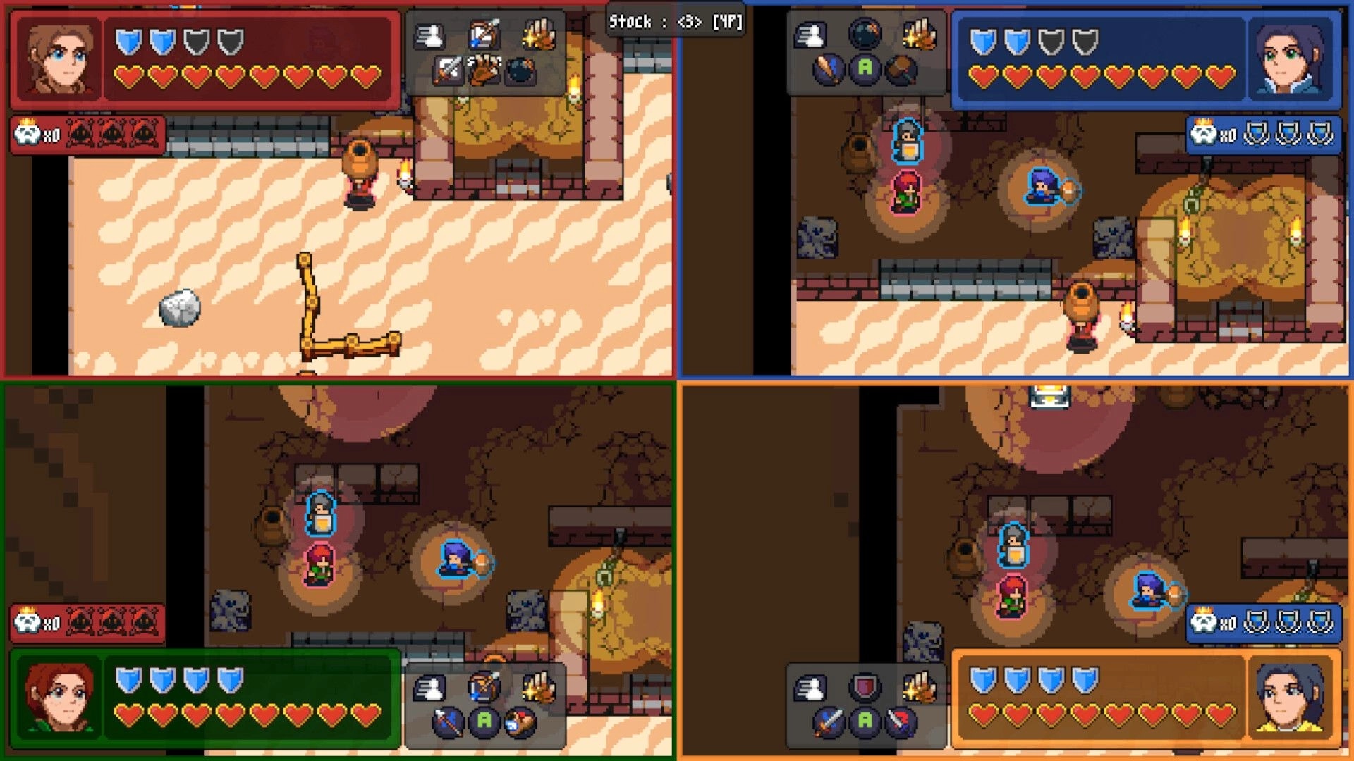 Steelbreakers: Split-screen dungeon exploration with character HUDs and inventory menus visible