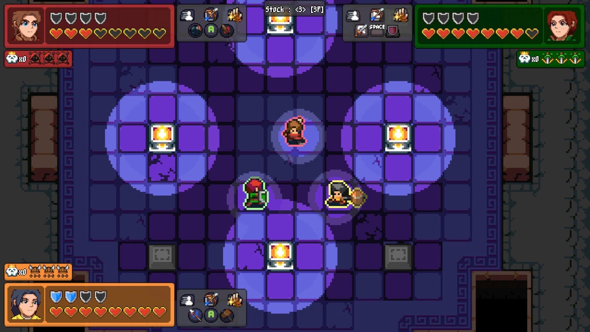Steelbreakers: Three players navigate a dungeon grid with health bars and inventory icons visible.