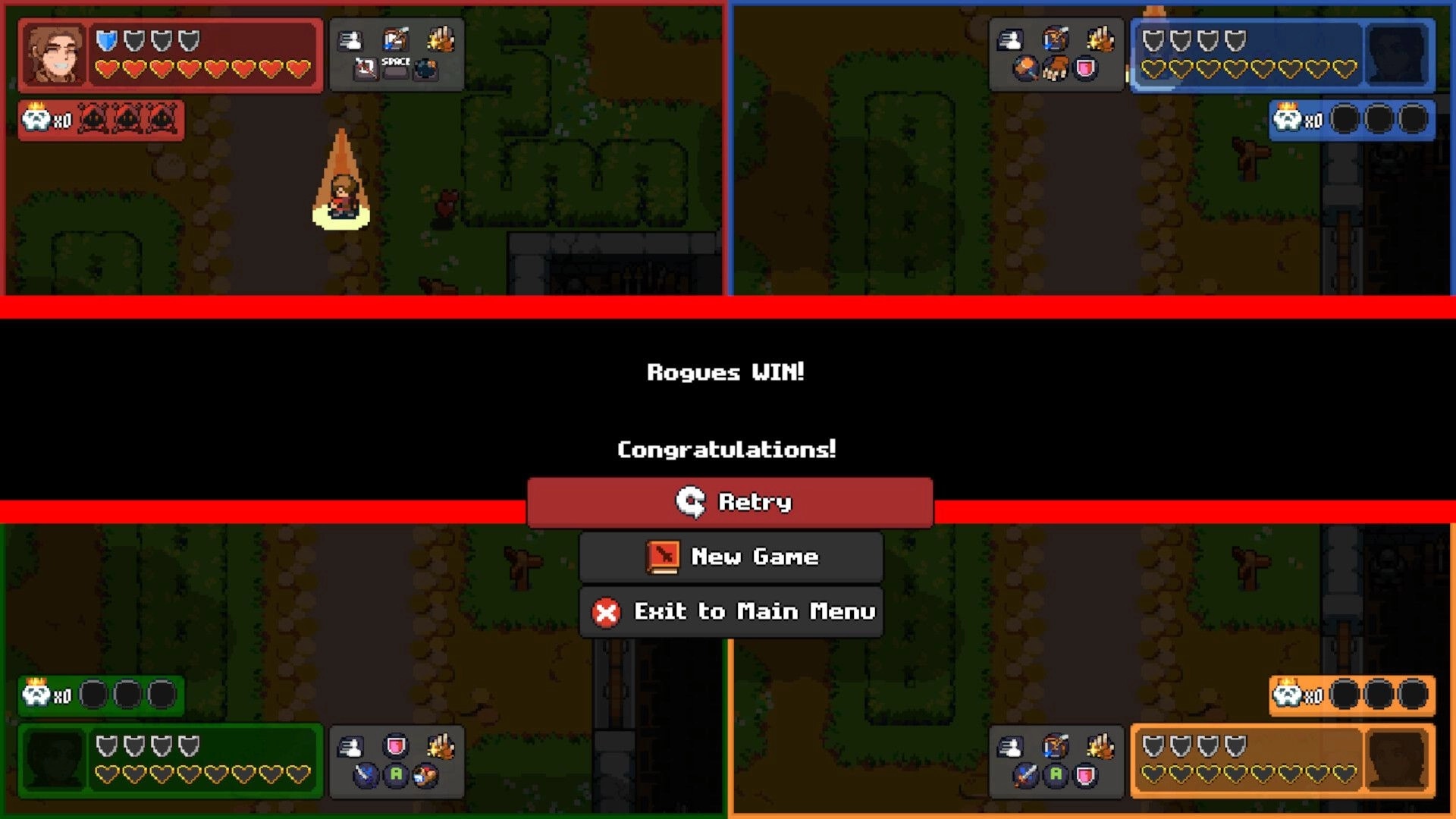 Steelbreakers: Victory screen with "Rogues WIN!" message and options to retry or start a new game.