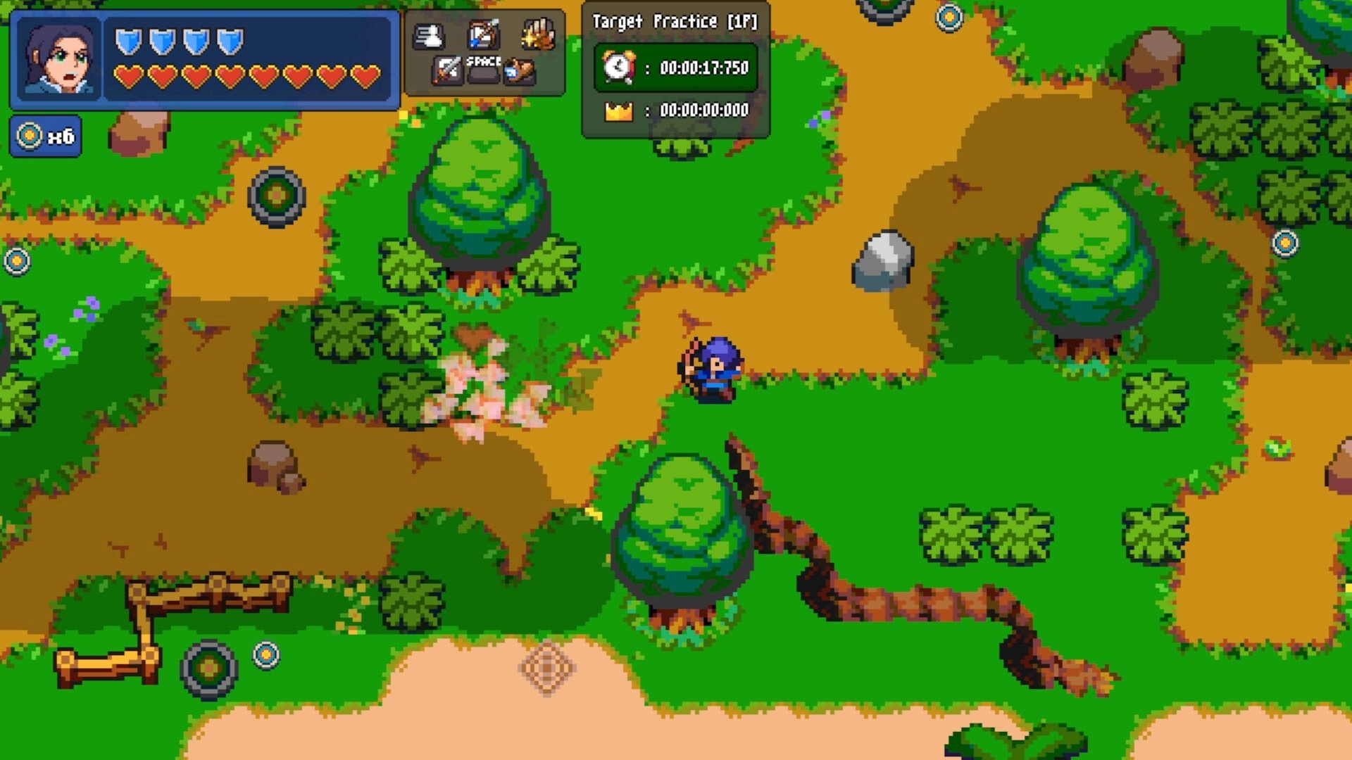 Steelbreakers: Character navigating forest with UI showing health, shields, and target practice timer.