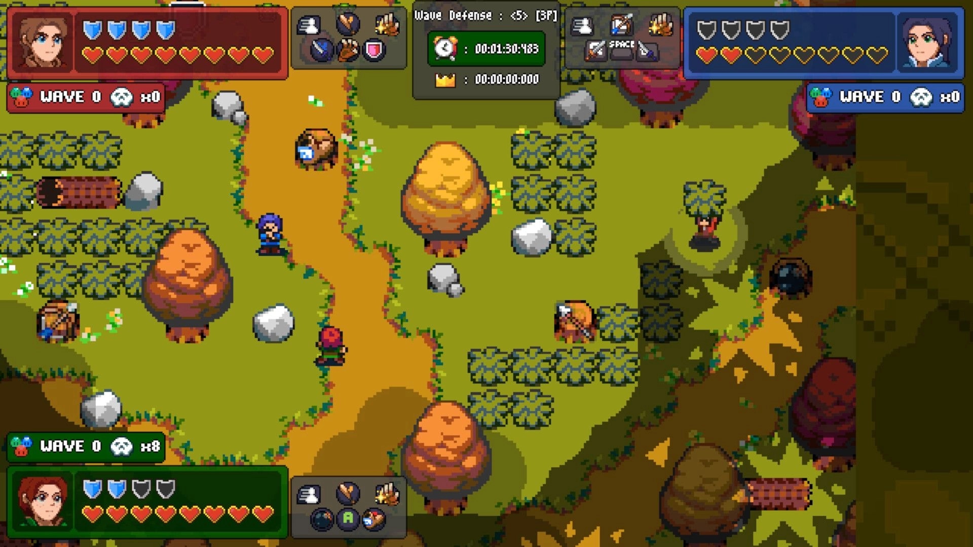 Steelbreakers: Players defend against wave 0 in a forest setting with health and inventory UI visible.