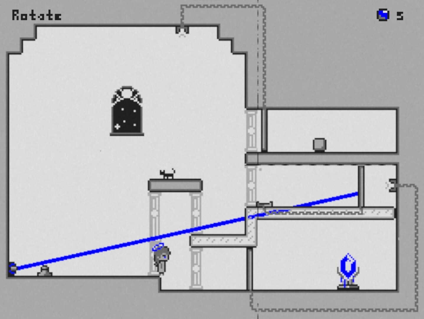 Stellagate: Character navigates puzzle with blue laser beam in a monochrome room with platforms