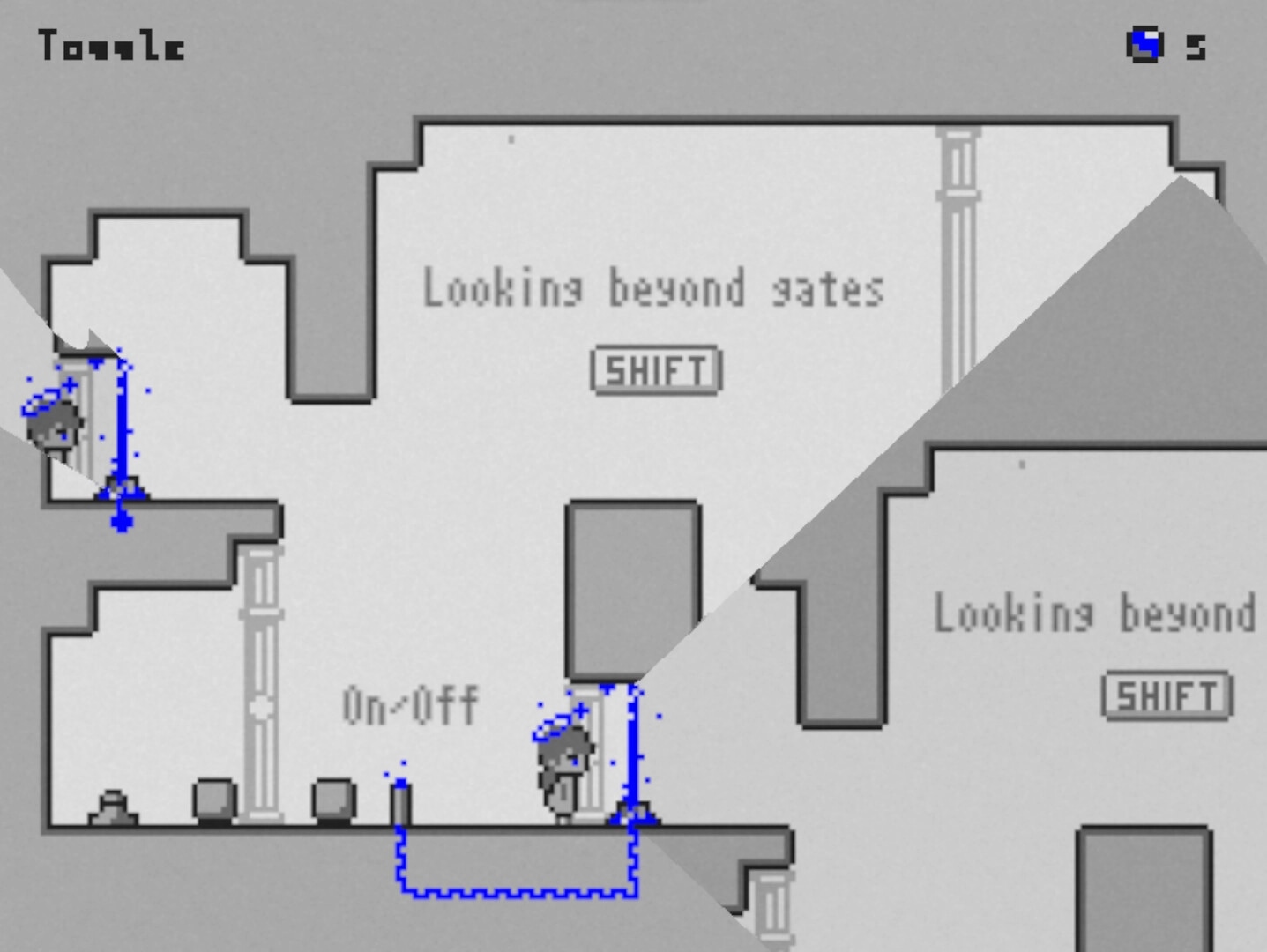 Stellagate: Characters maneuvering through interconnected gates in a minimalistic puzzle environment.