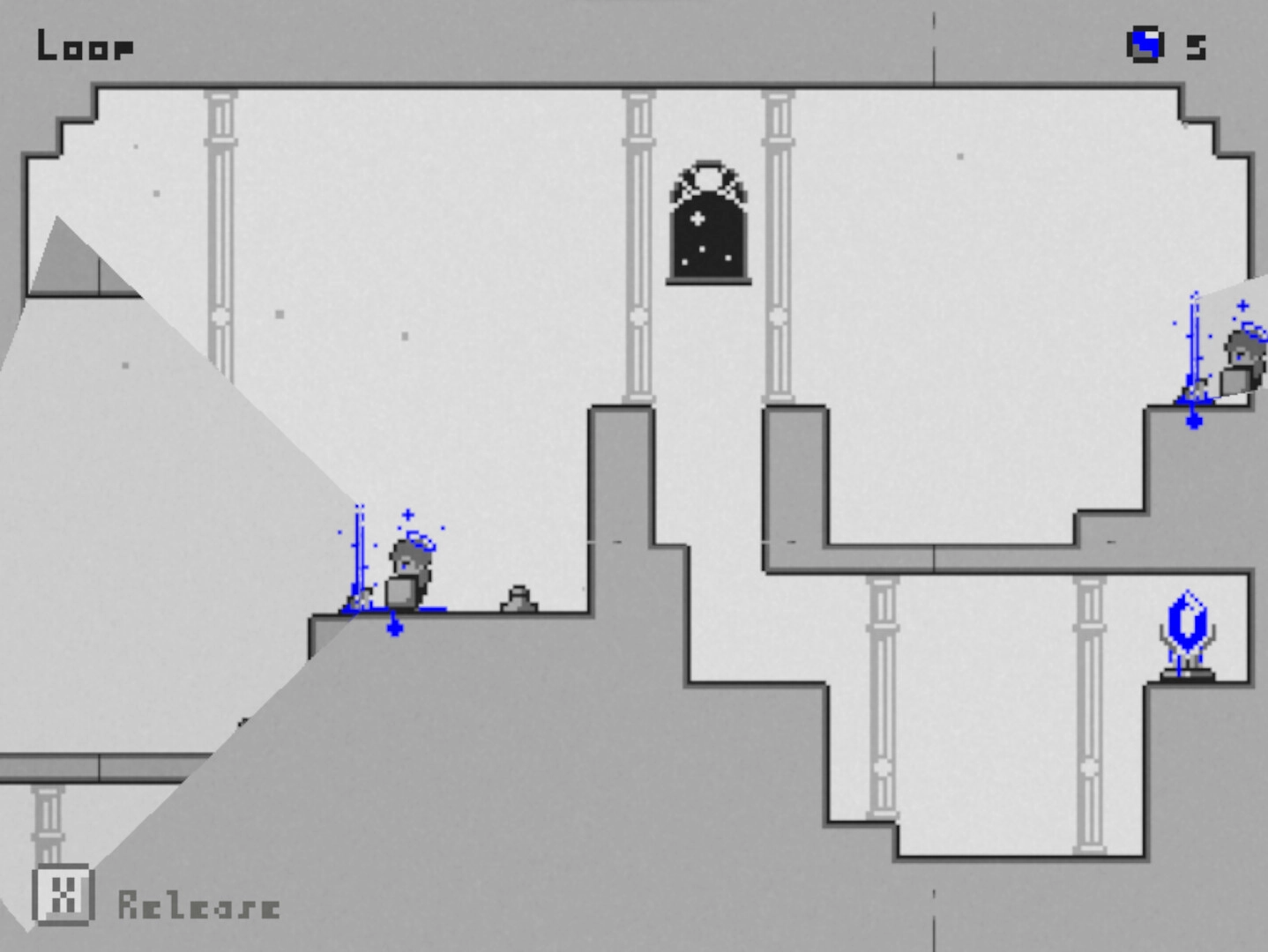Stellagate: Two characters use blue portals in a gray, minimalist puzzle chamber with gate mechanics.