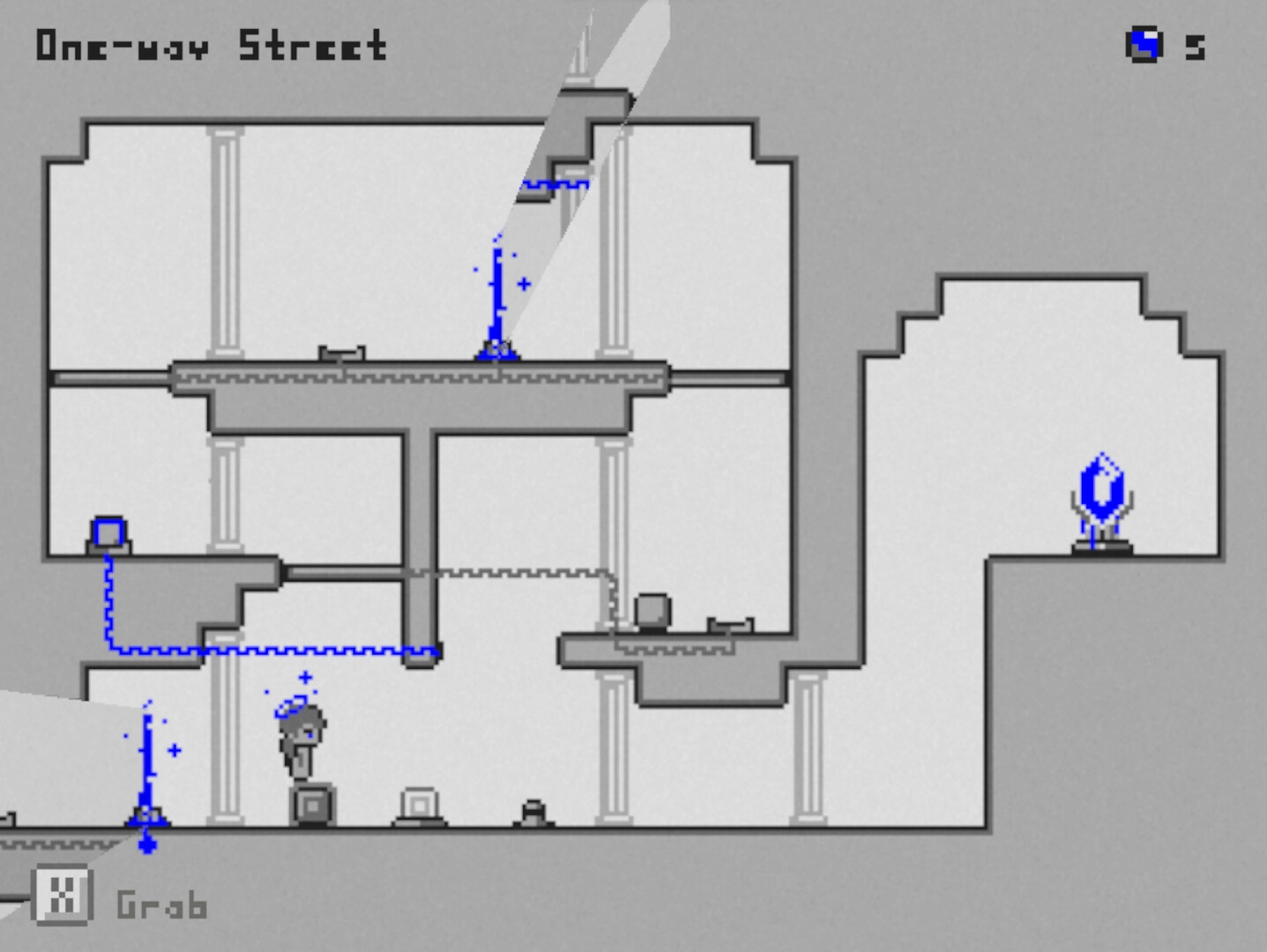 Stellagate: Character uses gates to solve puzzles in a pixelated, monochrome platform environment.