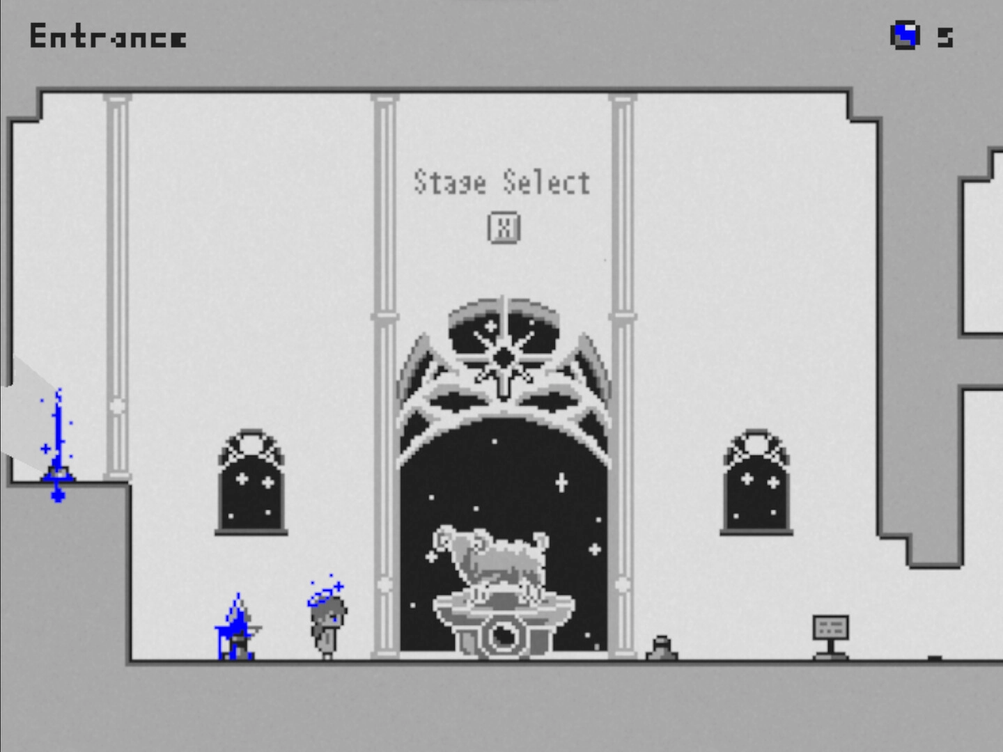 Stellagate: Character and wizard at stage select entrance with mystical decor and blue portal nearby