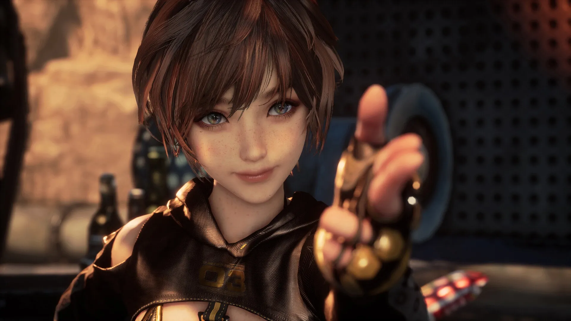 Stellar Blade™: Close-up of a character reaching out in a dimly lit, industrial environment.