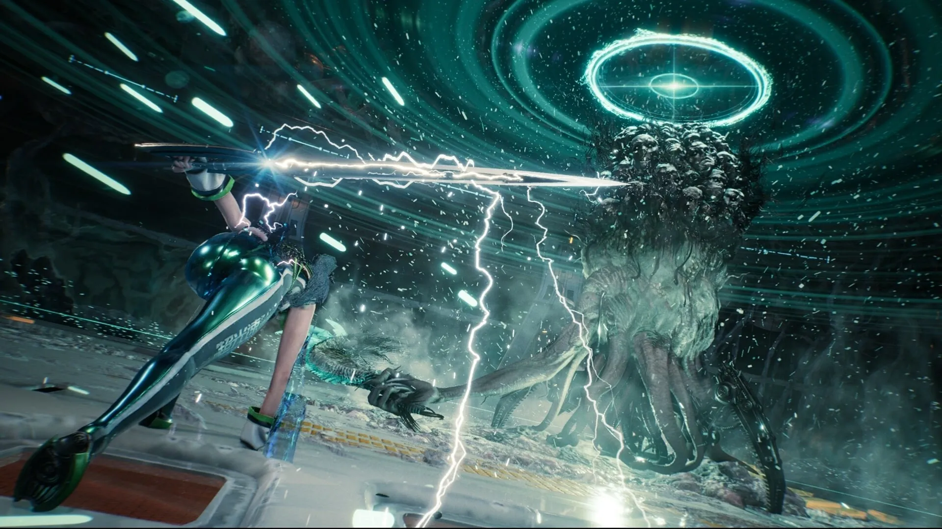 Stellar Blade™: Female character wielding electric sword against giant creature in futuristic arena