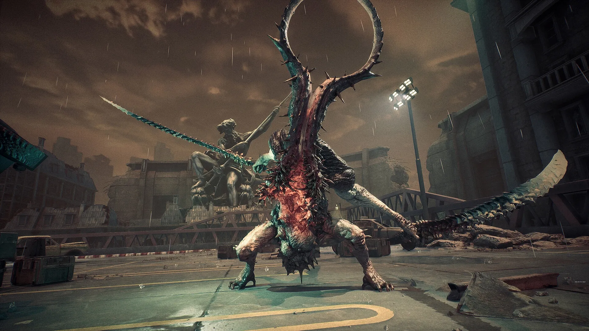 Stellar Blade™: Fierce battle with a monstrous creature in a ruined urban landscape under rainy skies.