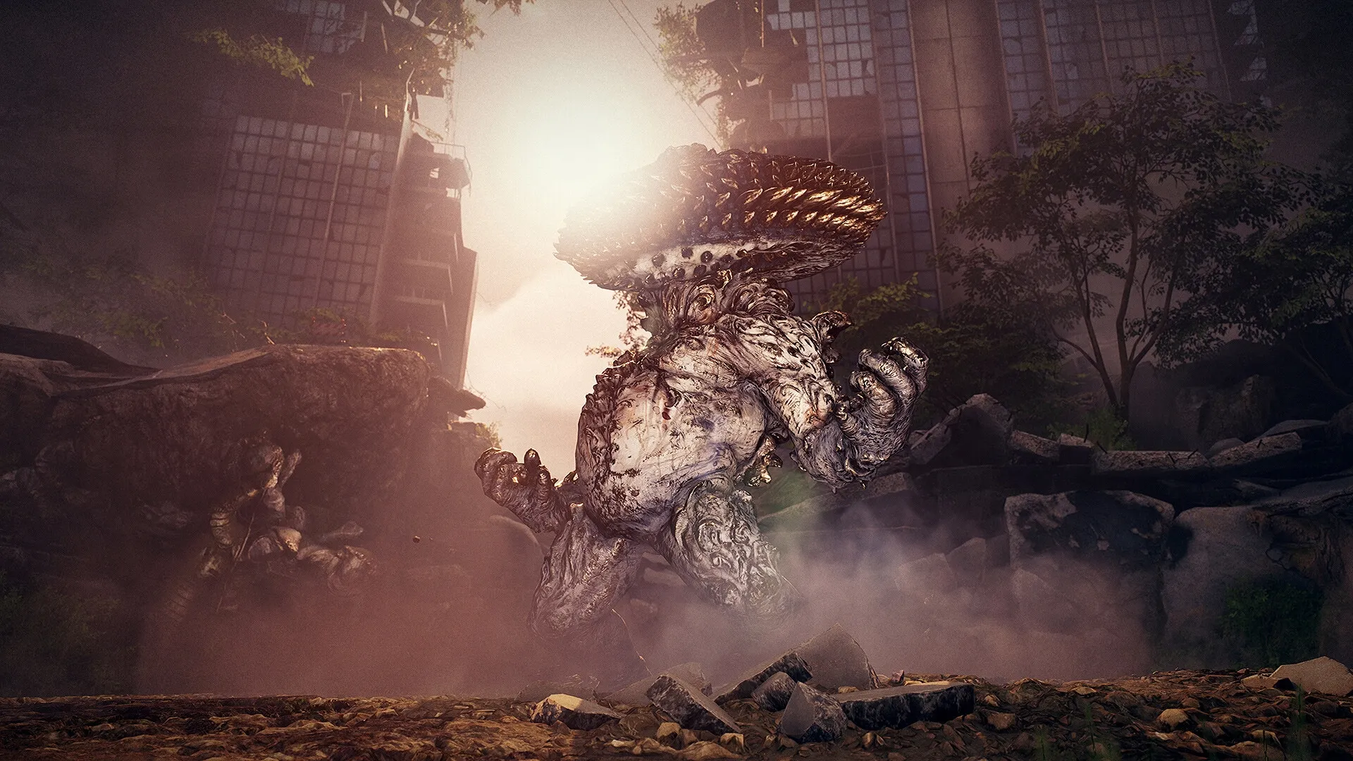 Stellar Blade™: Massive creature roars amidst ruined skyscrapers and overgrown vegetation in sunlight