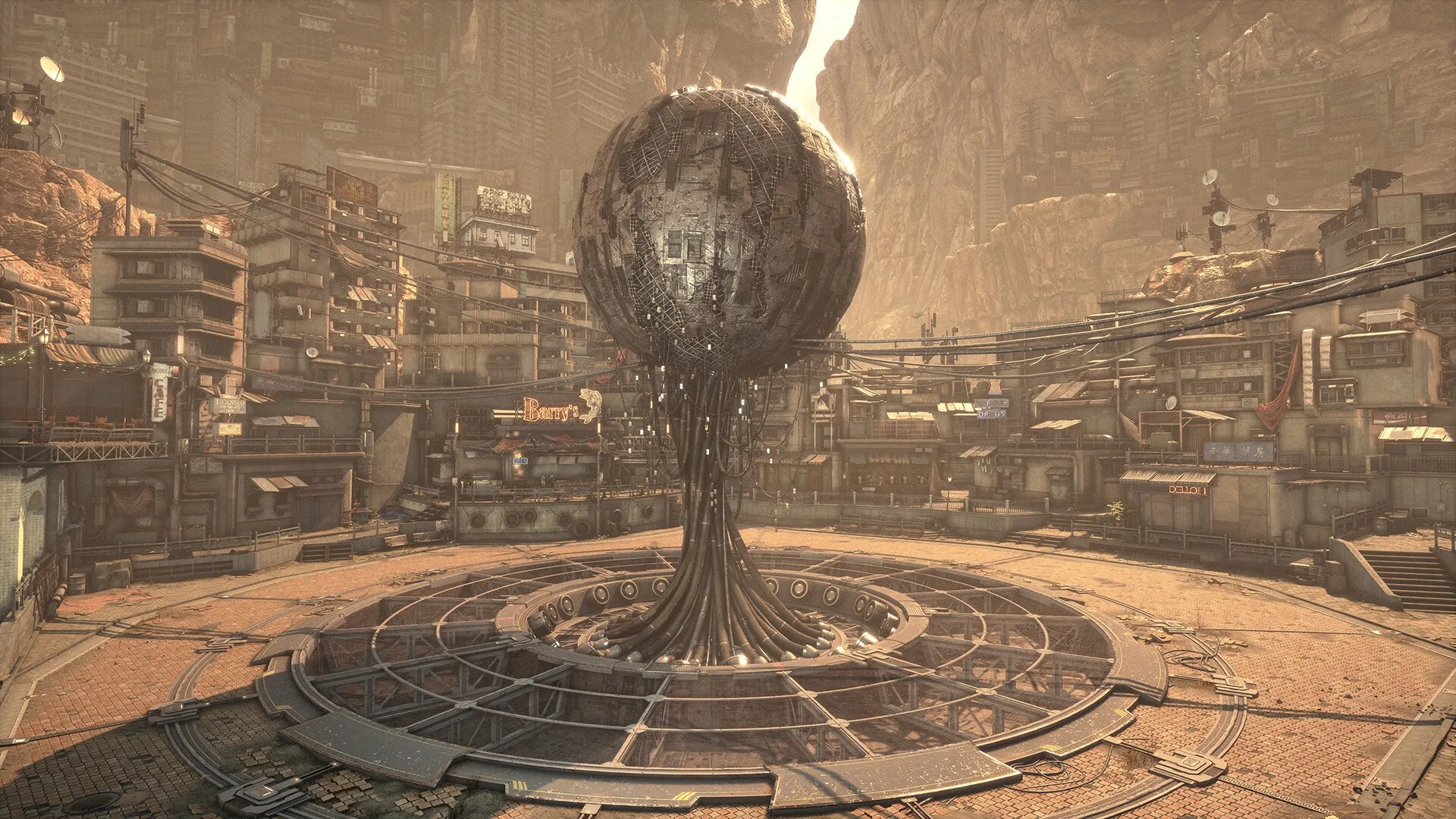 Stellar Blade™: Massive orb structure in a futuristic cityscape with rugged terrain and buildings surrounding