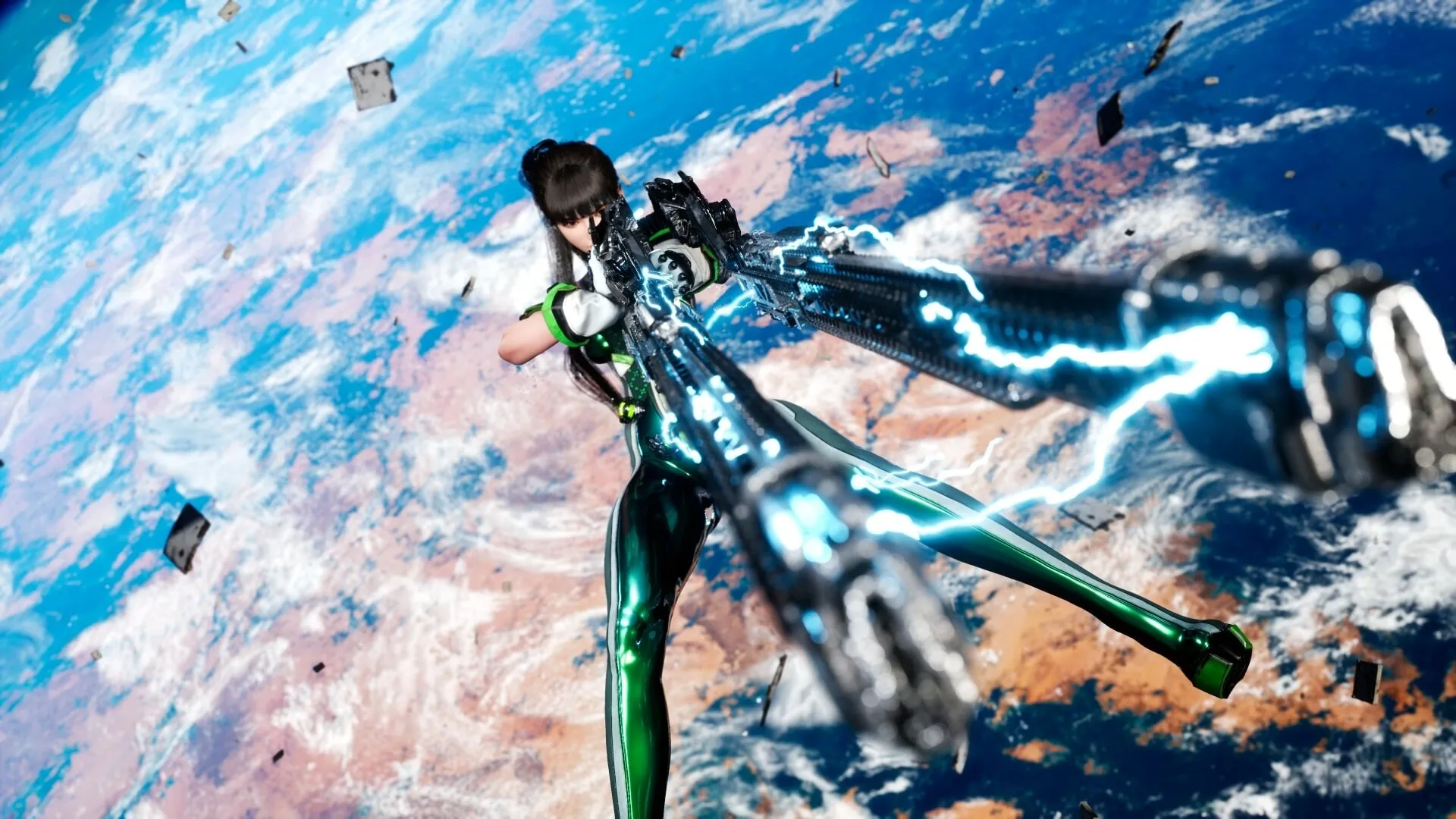 Stellar Blade™: Character in green suit shooting energy weapon in space with Earth in the background