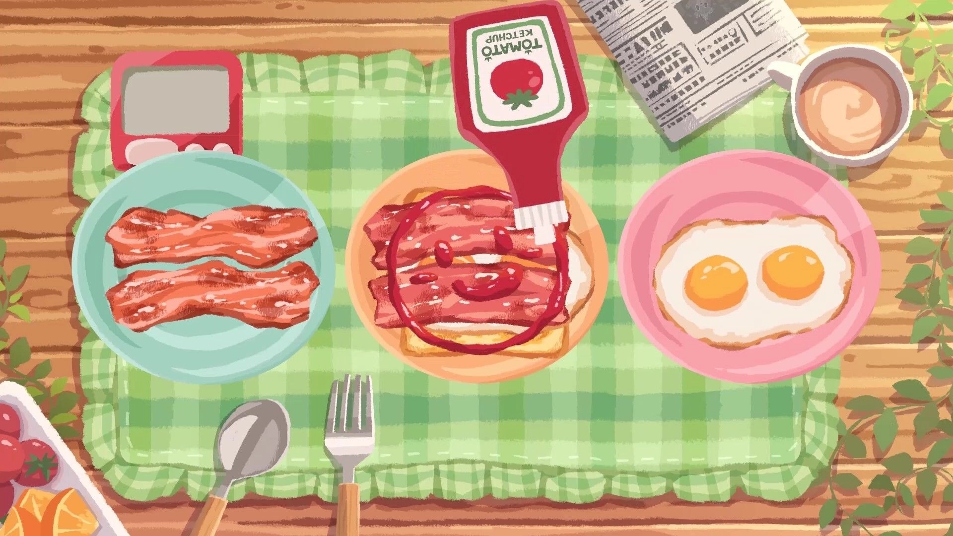STEP THEATER: Breakfast table scene with bacon, eggs, ketchup bottle, phone, and coffee on cloth.
