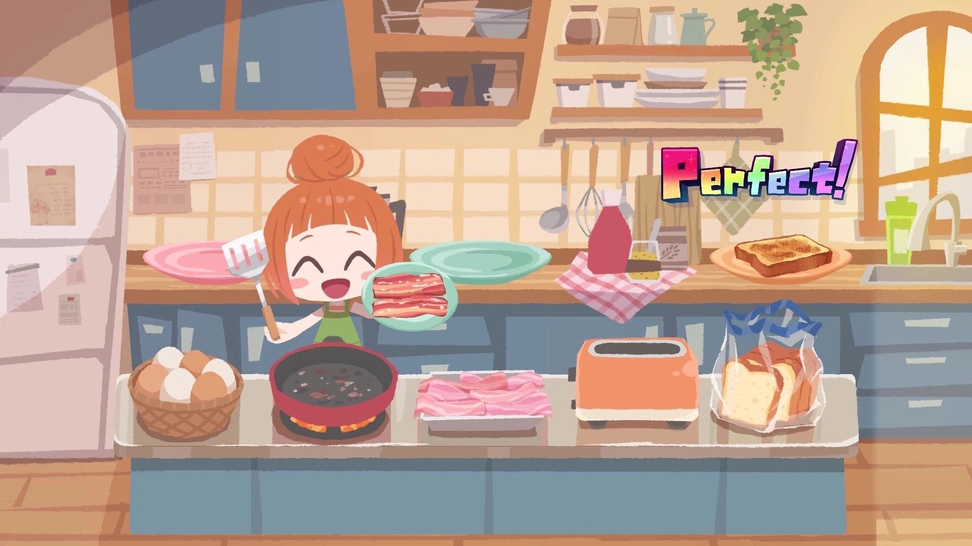 STEP THEATER: Perfect rating pops up as a cheerful cook flips bacon in a cozy kitchen scene.