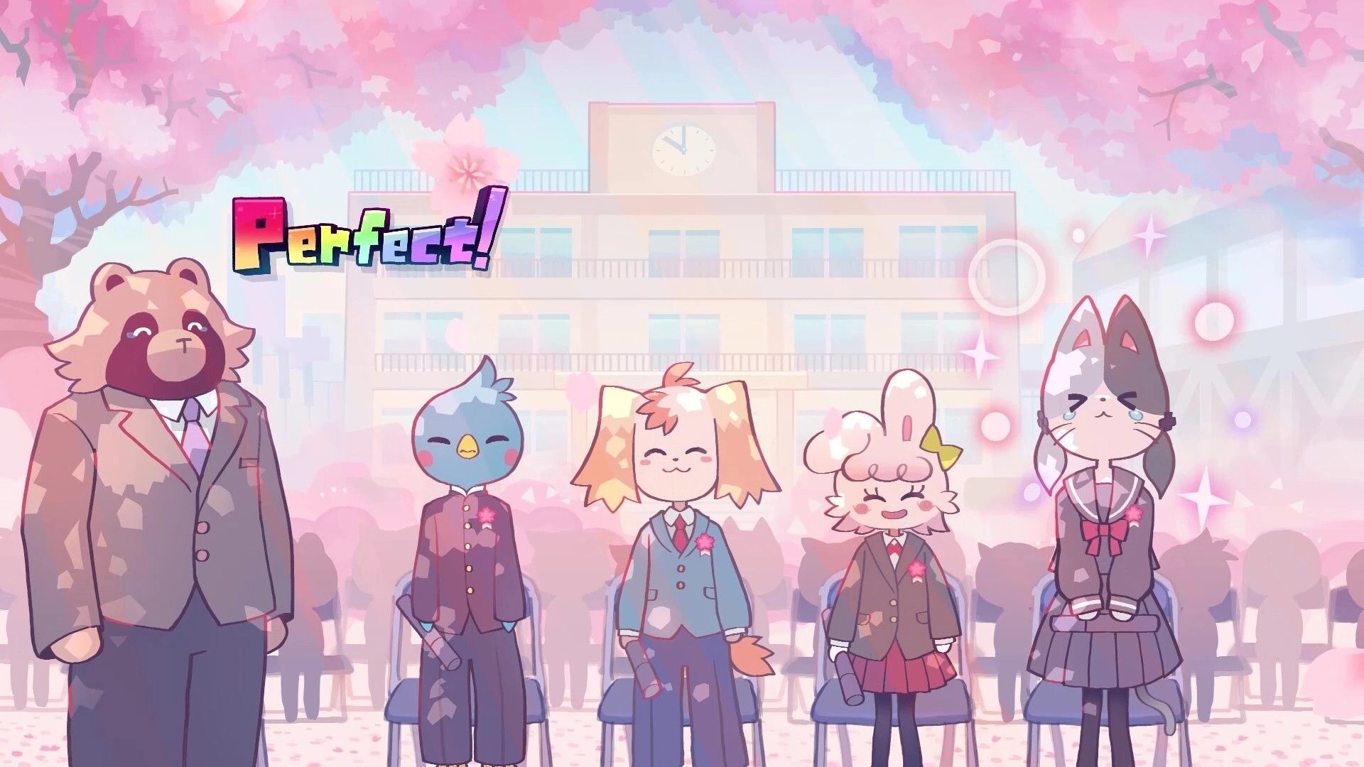 STEP THEATER: "Perfect!" rhythm result over animal students in uniforms outside a cherry-blossom school.