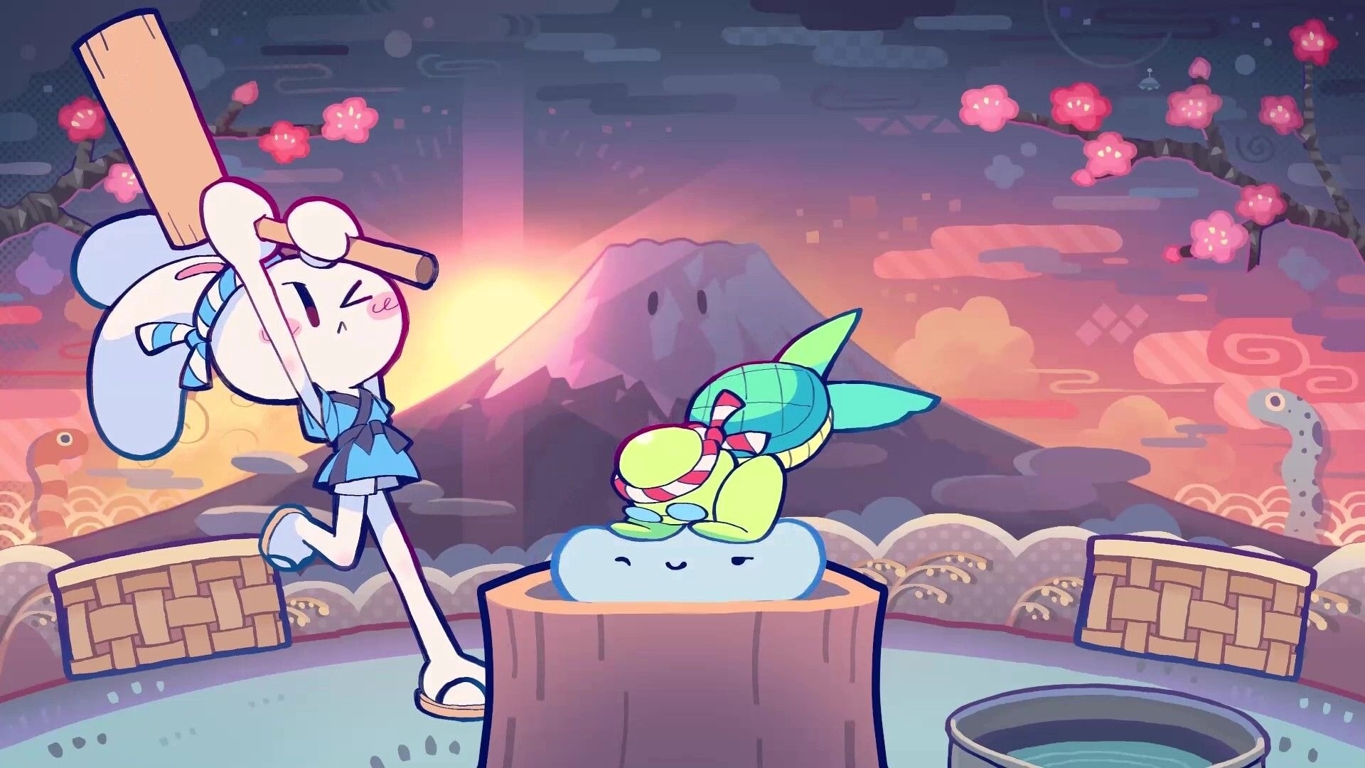 STEP THEATER: Bunny-eared girl swings a mallet at a mochi pestle by sunset mountain and blossoms.